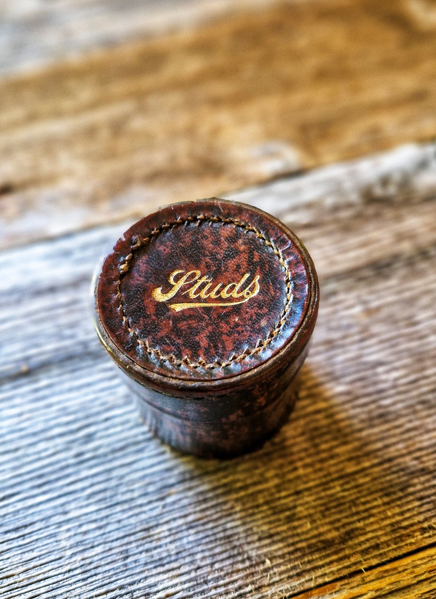 English Leather Collar Stud Box with 18 Original Studs | Vintage Mens Accessory