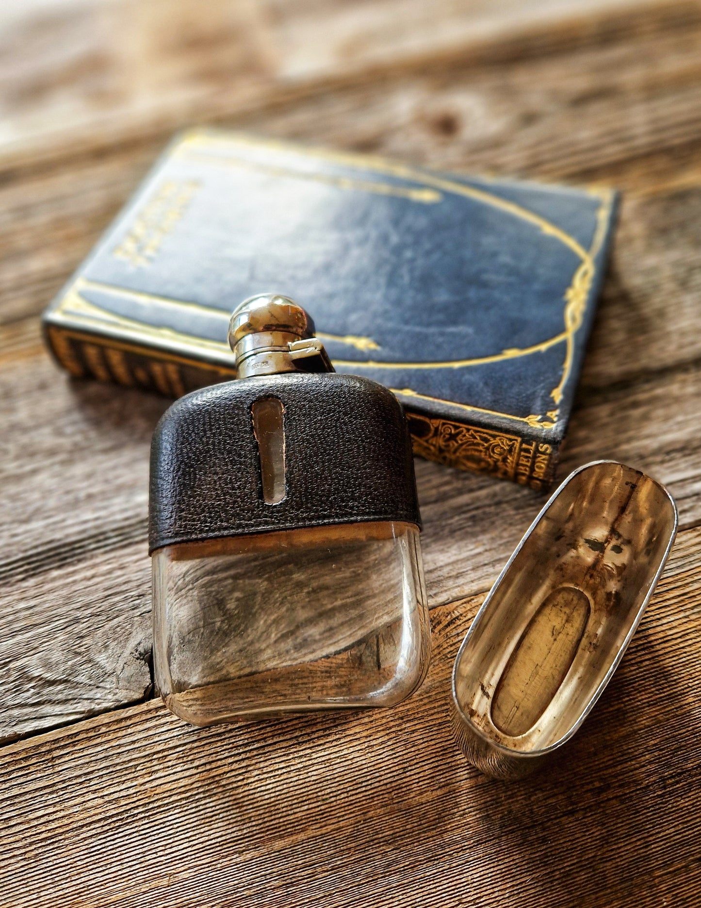 Exquisite 1930s James Dixon & Sons Leather & Silver Plate Hip Flask