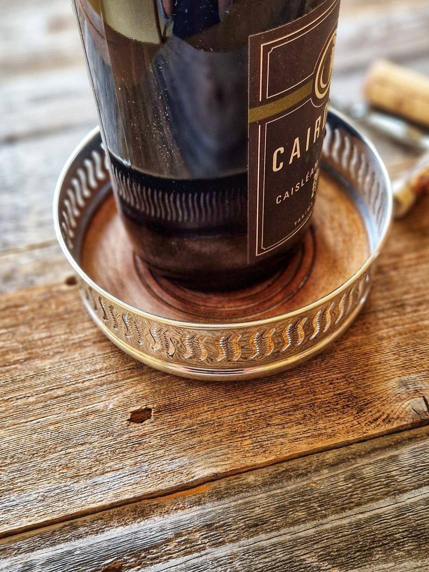 Large English Silver-Plated Wine Coaster with Pierced Gallery & Wooden Base