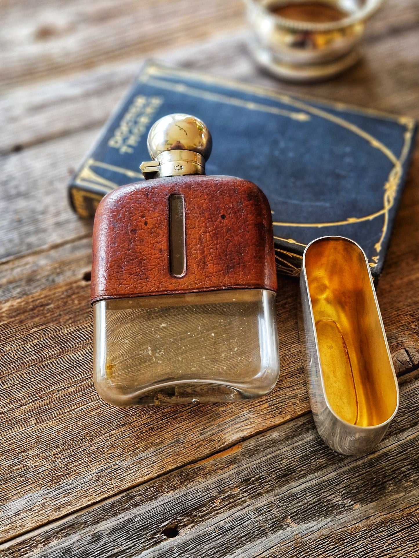 Splendid Large James Dixon & Sons Leather & Silver Plate Hip Flask c. 1930s