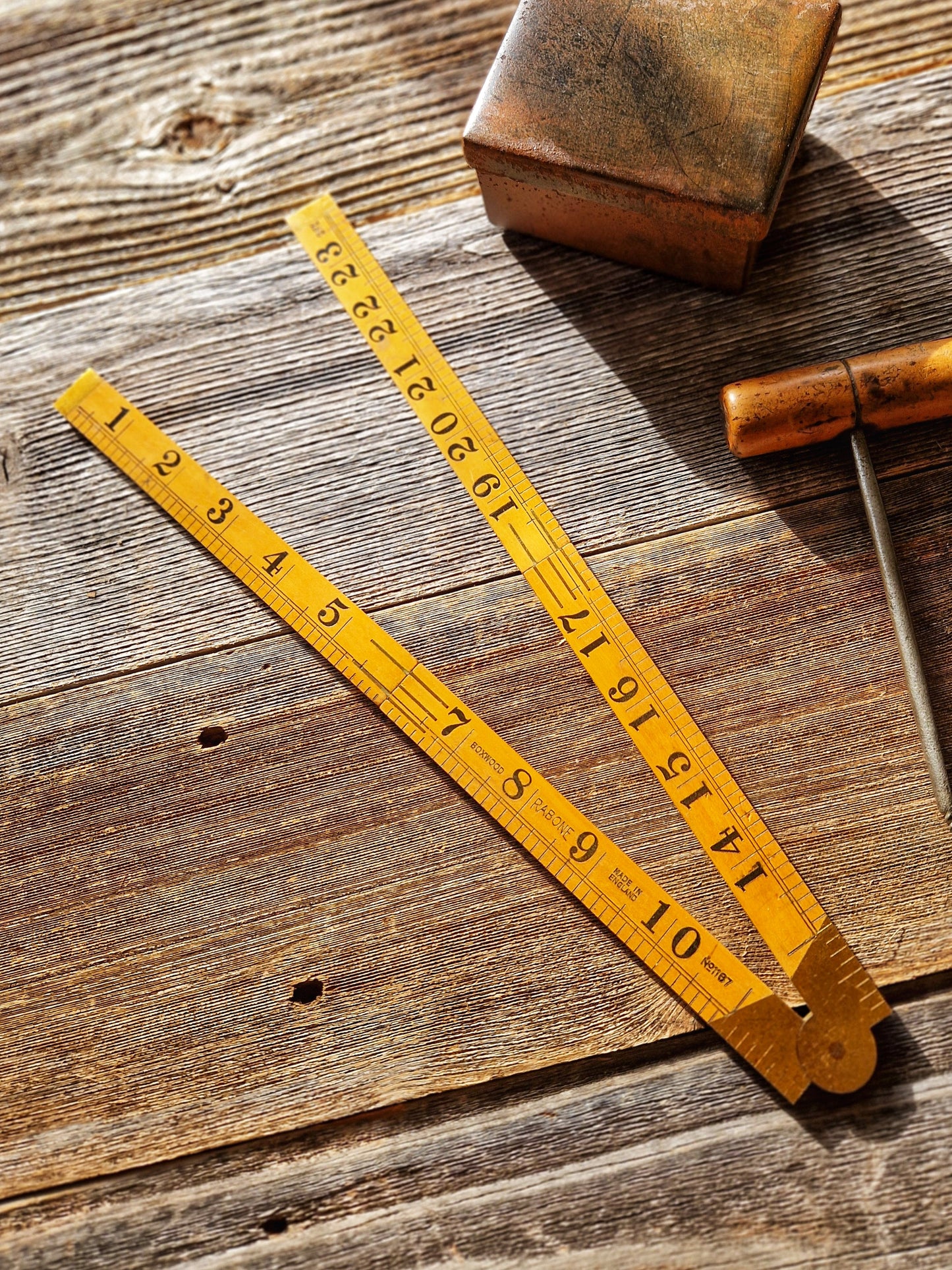 Vintage Rabone No. 1167 folding boxwood ruler with brass hinges