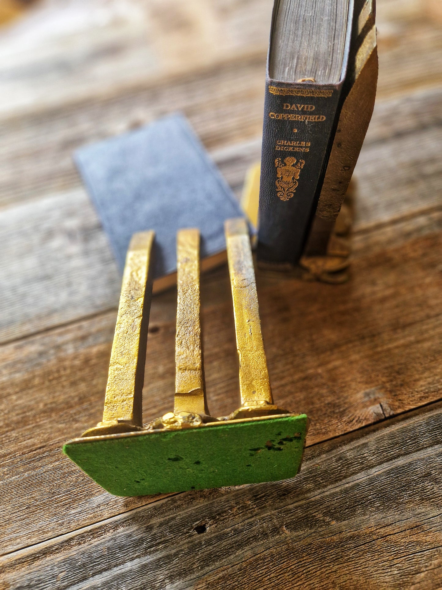 Unique Vintage Railroad Spike Bookends | Gold-Painted Steel & Brass Base