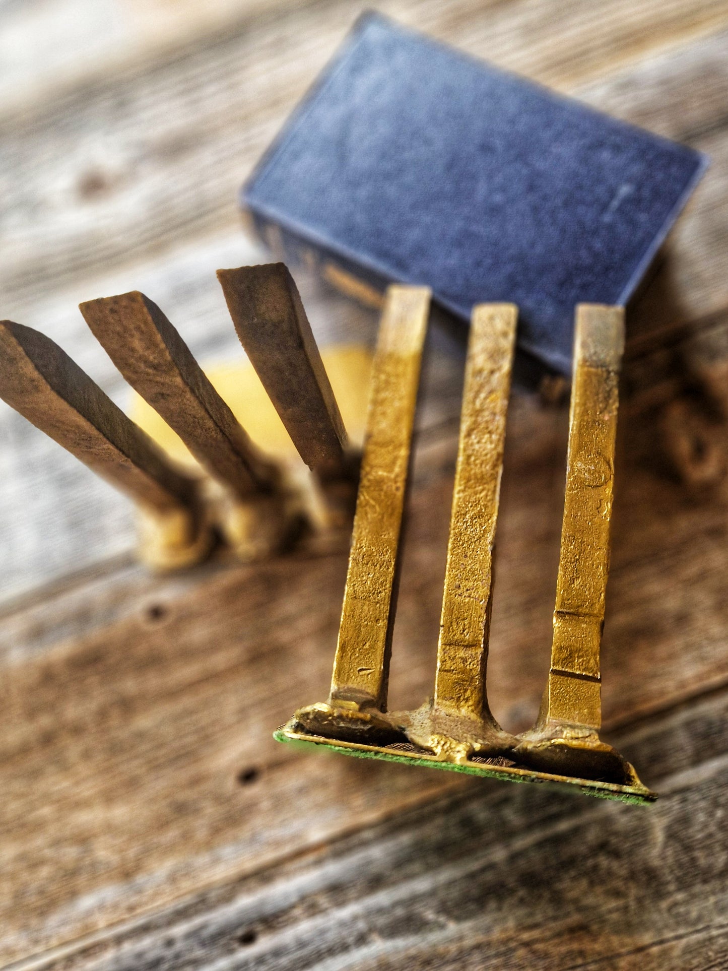 Unique Vintage Railroad Spike Bookends | Gold-Painted Steel & Brass Base