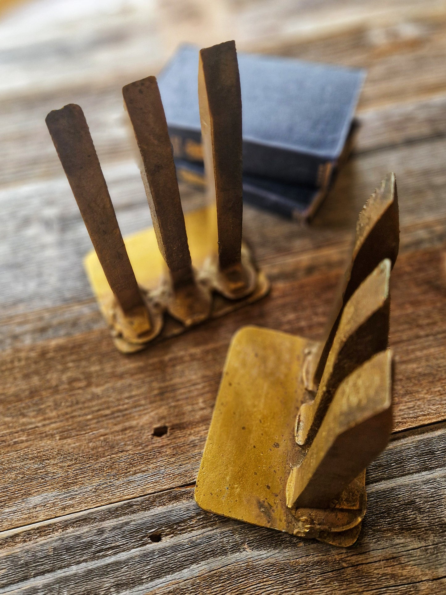 Unique Vintage Railroad Spike Bookends | Gold-Painted Steel & Brass Base