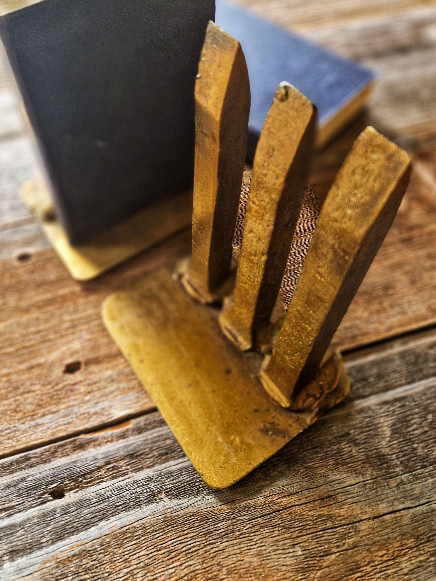 Unique Vintage Railroad Spike Bookends | Gold-Painted Steel & Brass Base