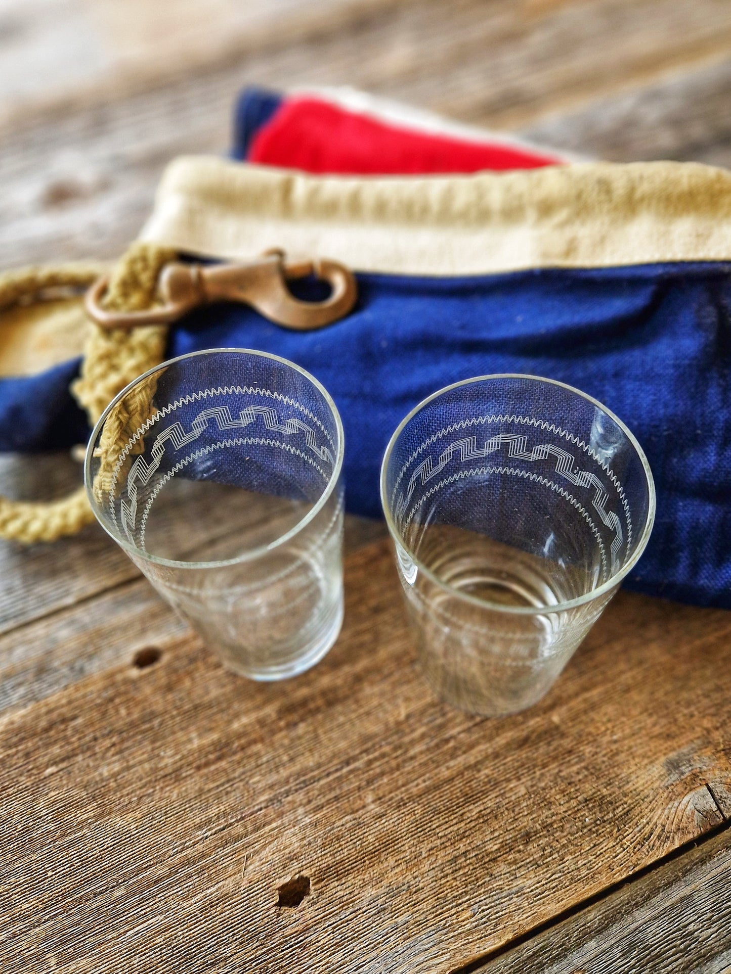 Elegant Pair of Etched Edwardian Glass Tumblers | Greek Key & Wave Design