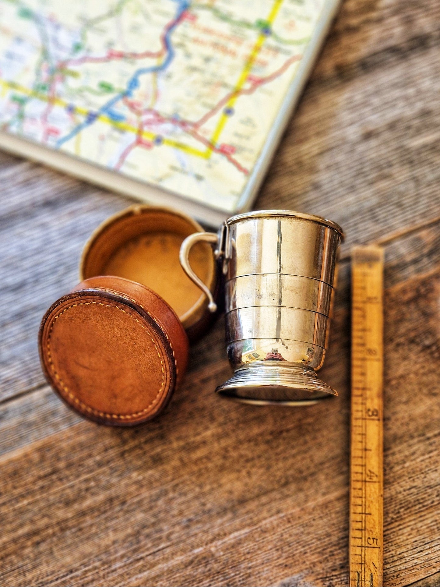 Stylish Chrome Collapsible Travel Cup with Leather Case | Vintage Gentleman’s Accessory