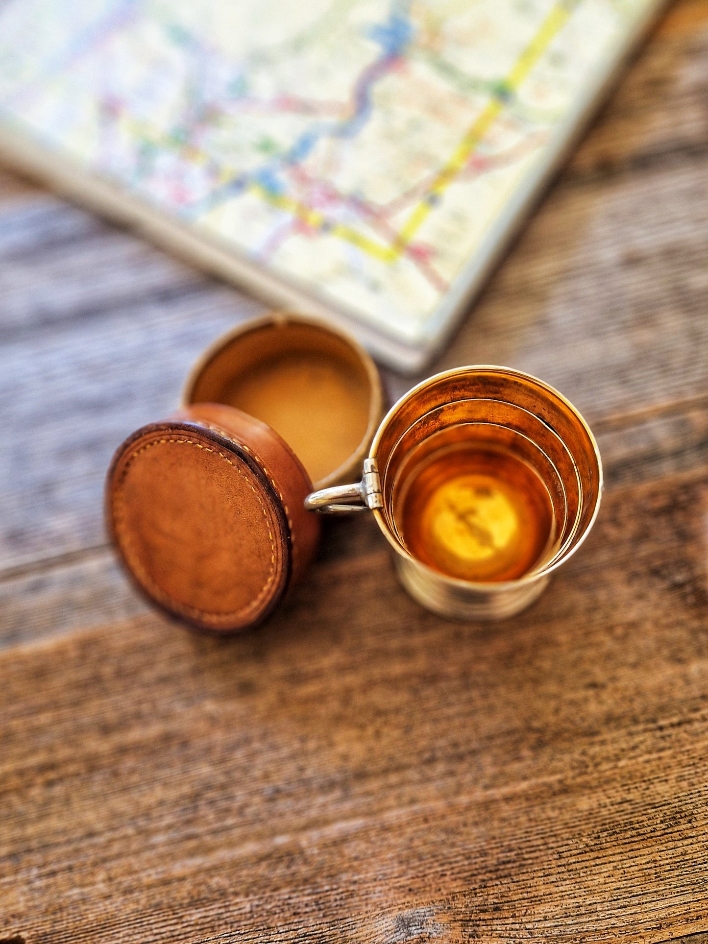 Stylish Chrome Collapsible Travel Cup with Leather Case | Vintage Gentleman’s Accessory