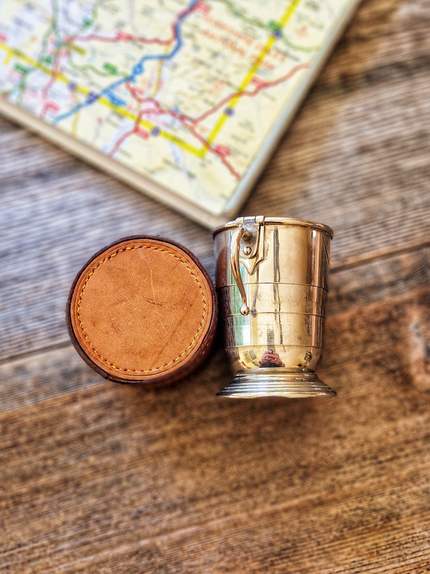 Stylish Chrome Collapsible Travel Cup with Leather Case | Vintage Gentleman’s Accessory