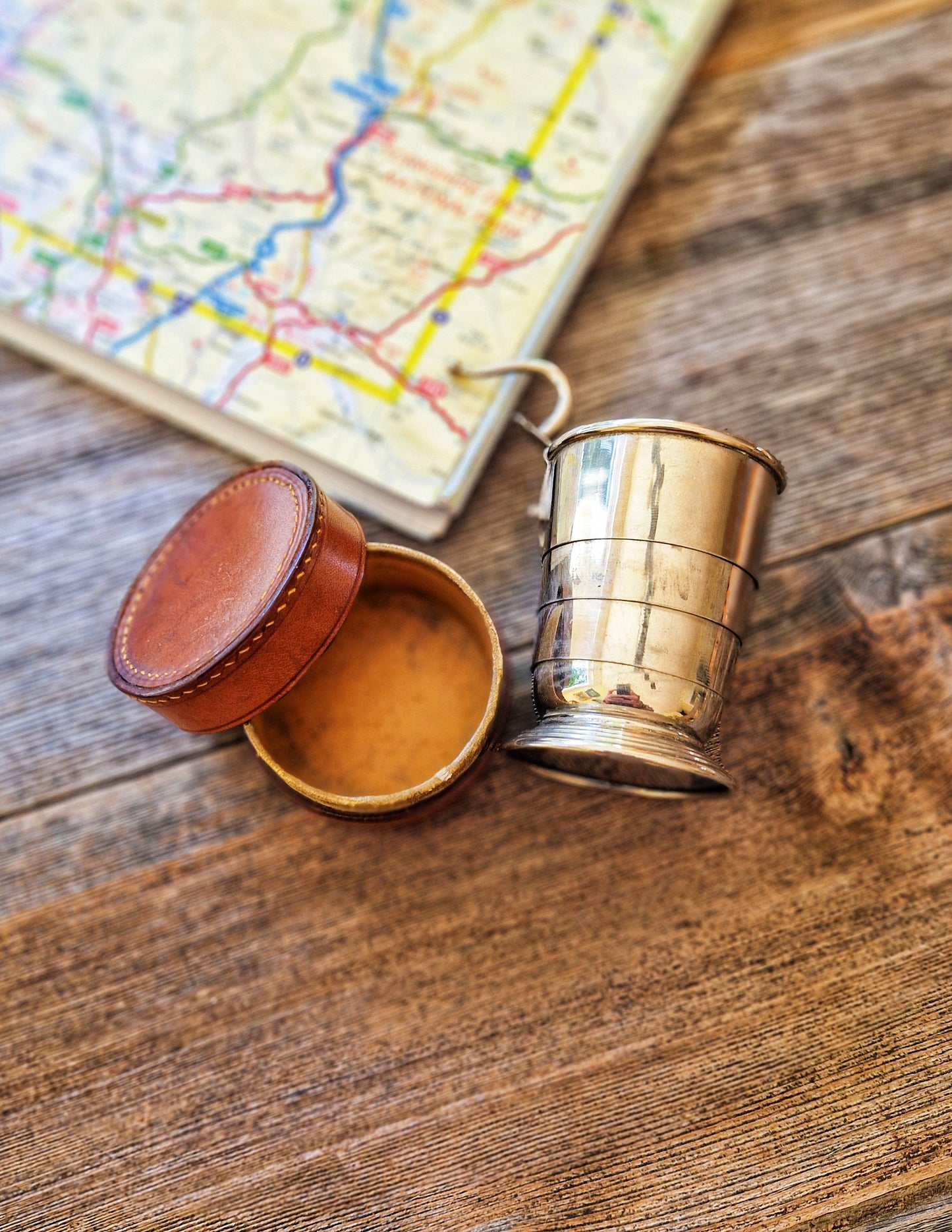 Stylish Chrome Collapsible Travel Cup with Leather Case | Vintage Gentleman’s Accessory