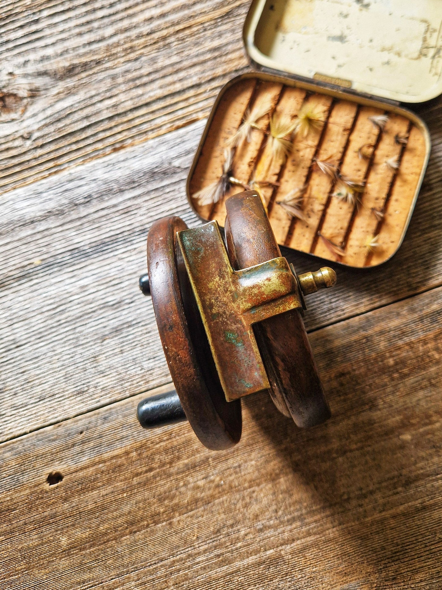 Well-Preserved 3-7/8-inch Nottingham-Style Fishing Reel | Vintage Wood & Brass Reel from Early 1900s