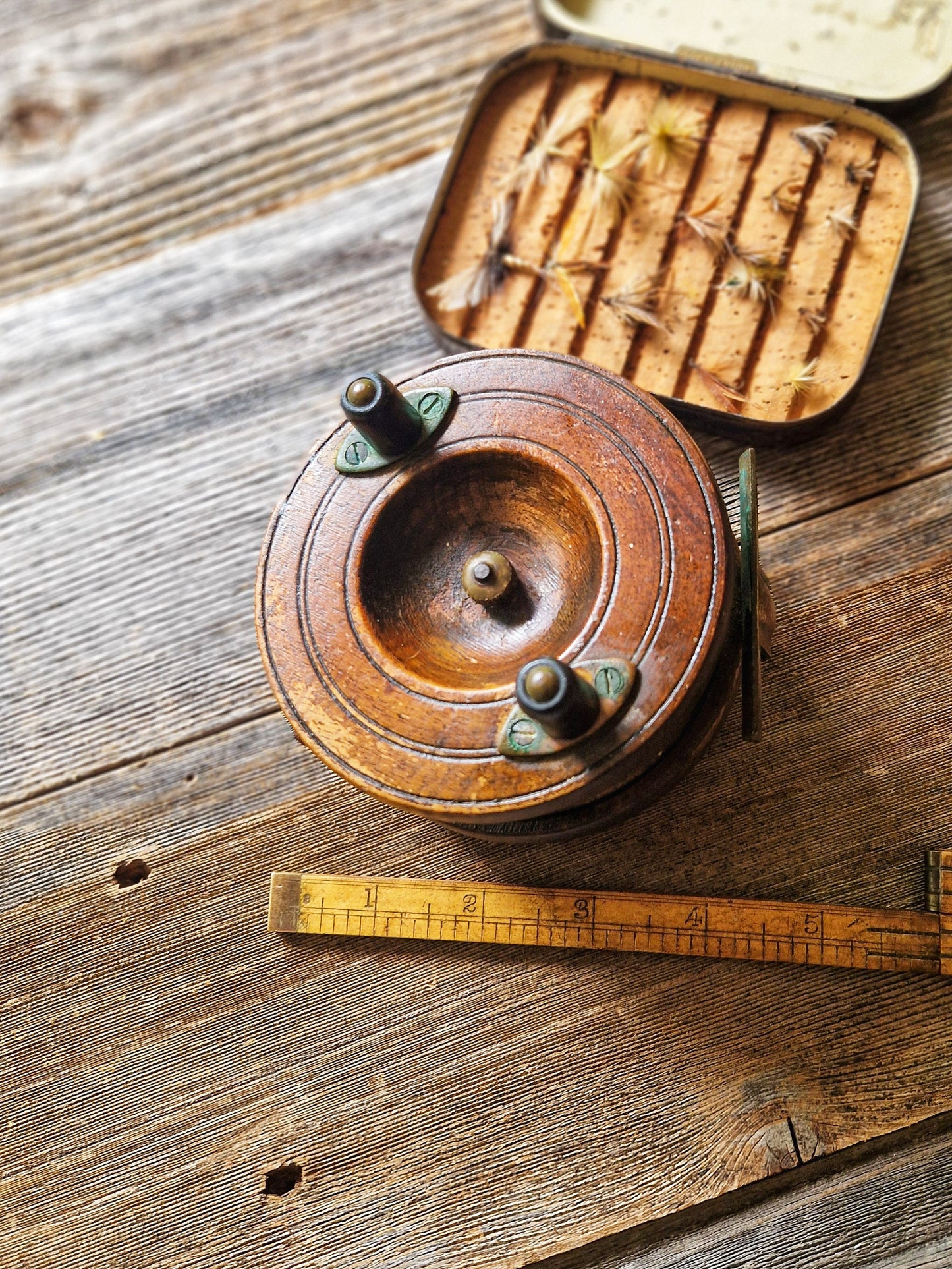 Well-Preserved 3-7/8-inch Nottingham-Style Fishing Reel | Vintage Wood & Brass Reel from Early 1900s