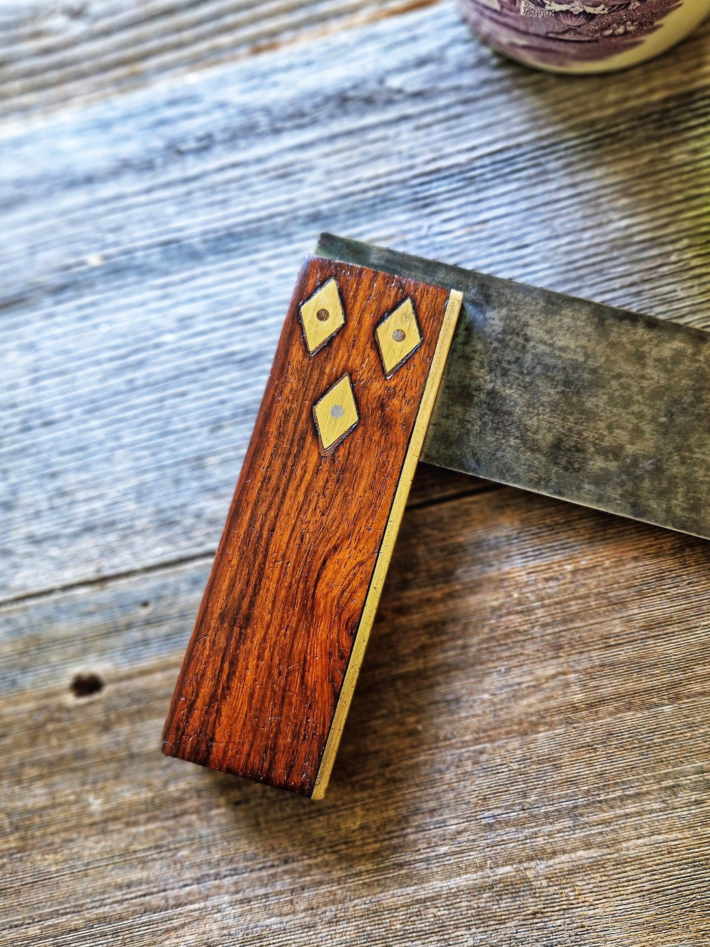 English Wood & Brass Try Square with Rosewood Handle & Diamond Inlays