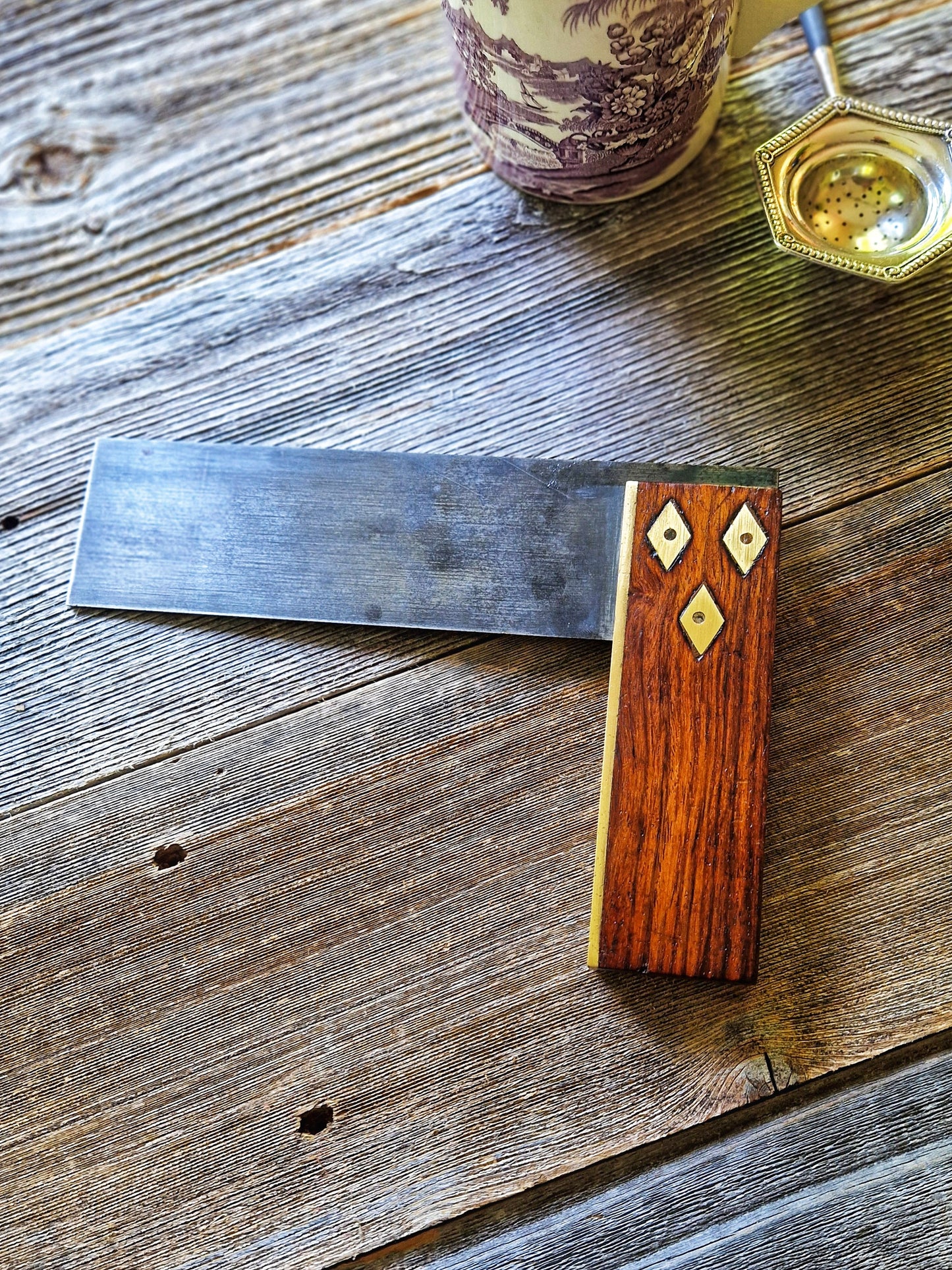 English Wood & Brass Try Square with Rosewood Handle & Diamond Inlays