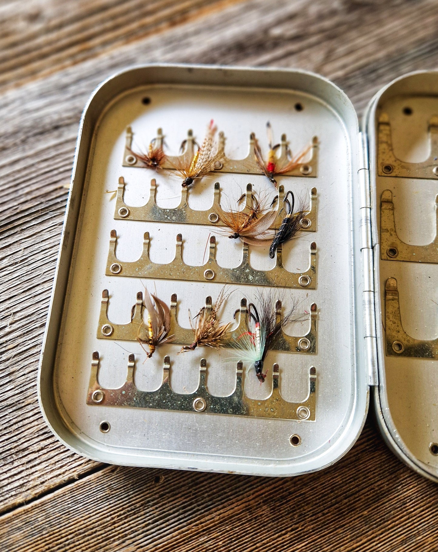 Collectible Wheatley Fly Box with 15 Trout & Salmon Flies | Vintage Mid-Century Silmalloy Clip Case