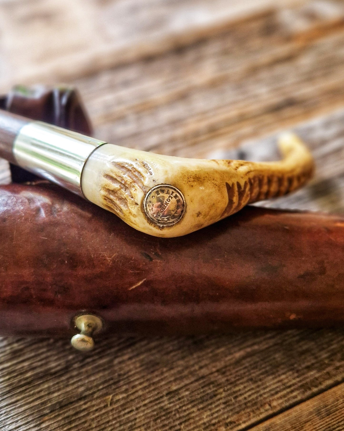Extraordinary 1911 Swaine & Adeney Hunting Crop - Carved Horn Handle, Sterling Silver Collars | Fine Equestrian Antique