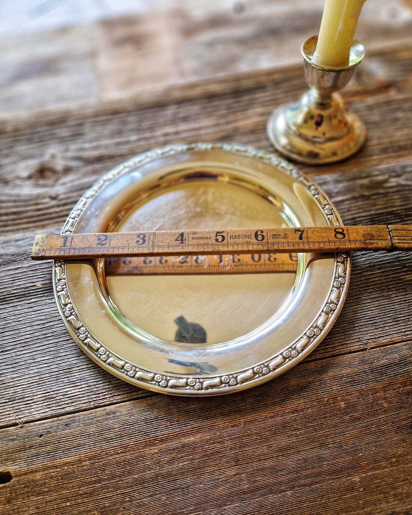 Mid-Century Oneida Plate & English Candlestick | Versatile 1960s Silver Plate for Bar Cart, Entry Way