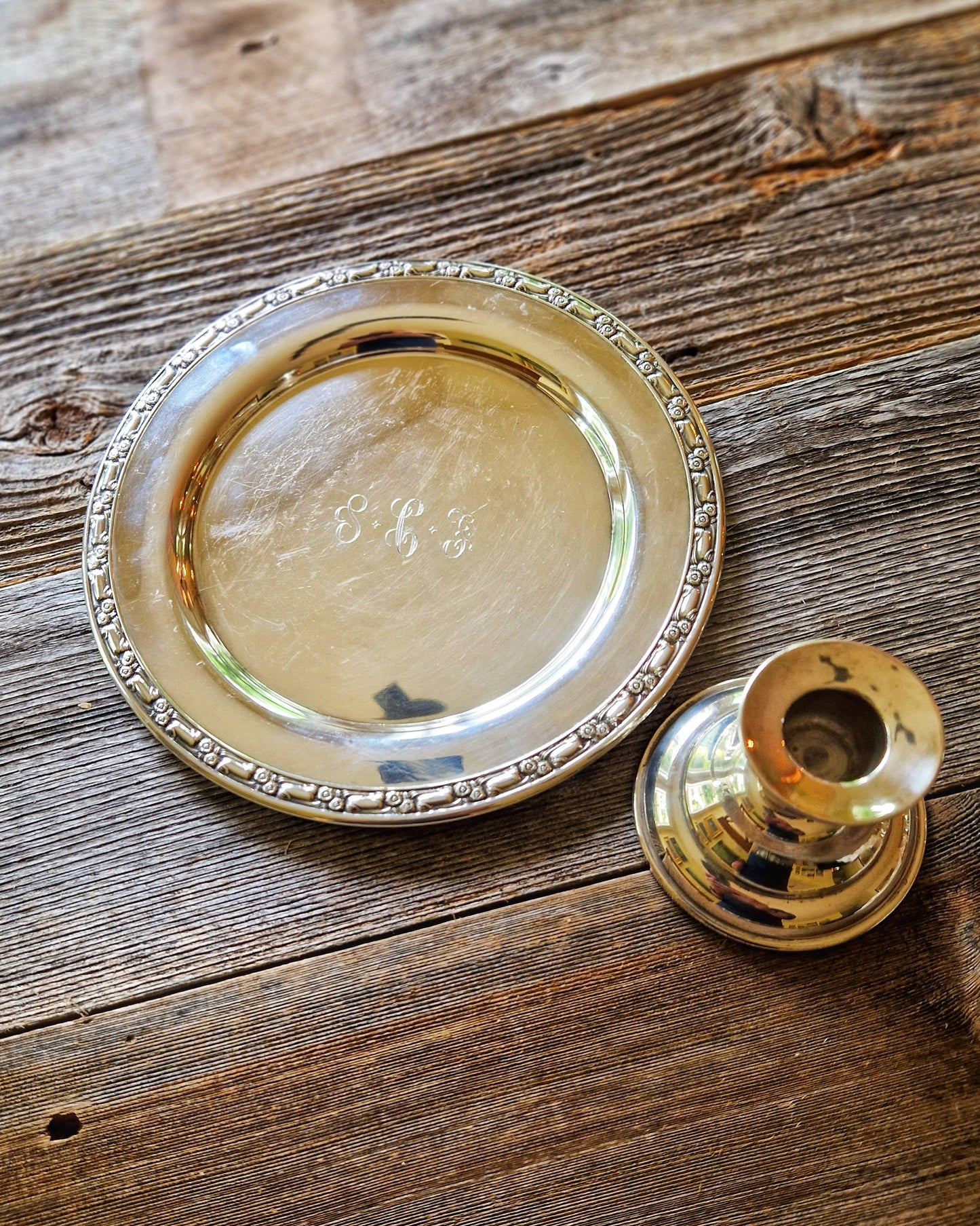 Mid-Century Oneida Plate & English Candlestick | Versatile 1960s Silver Plate for Bar Cart, Entry Way