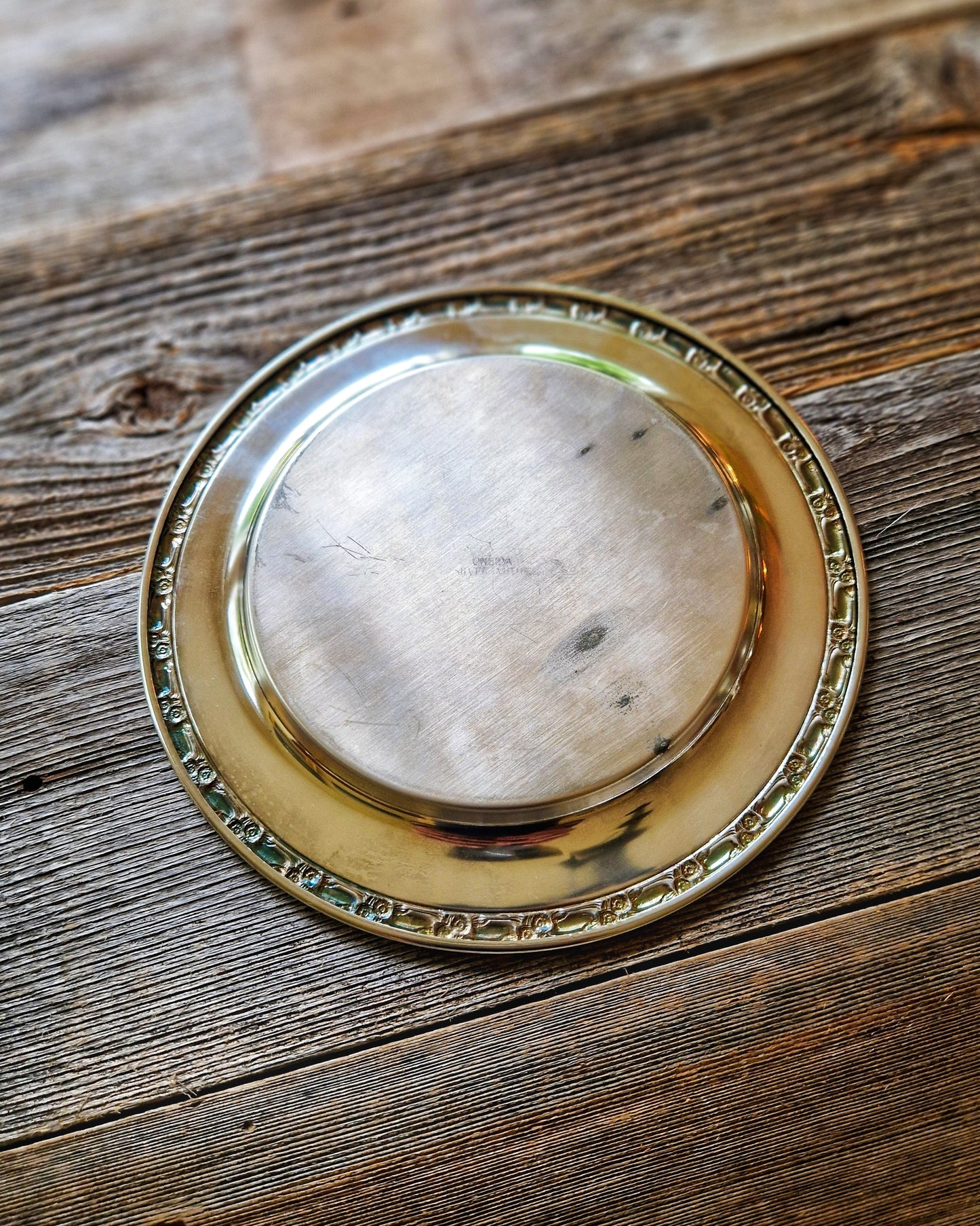 Mid-Century Oneida Plate & English Candlestick | Versatile 1960s Silver Plate for Bar Cart, Entry Way