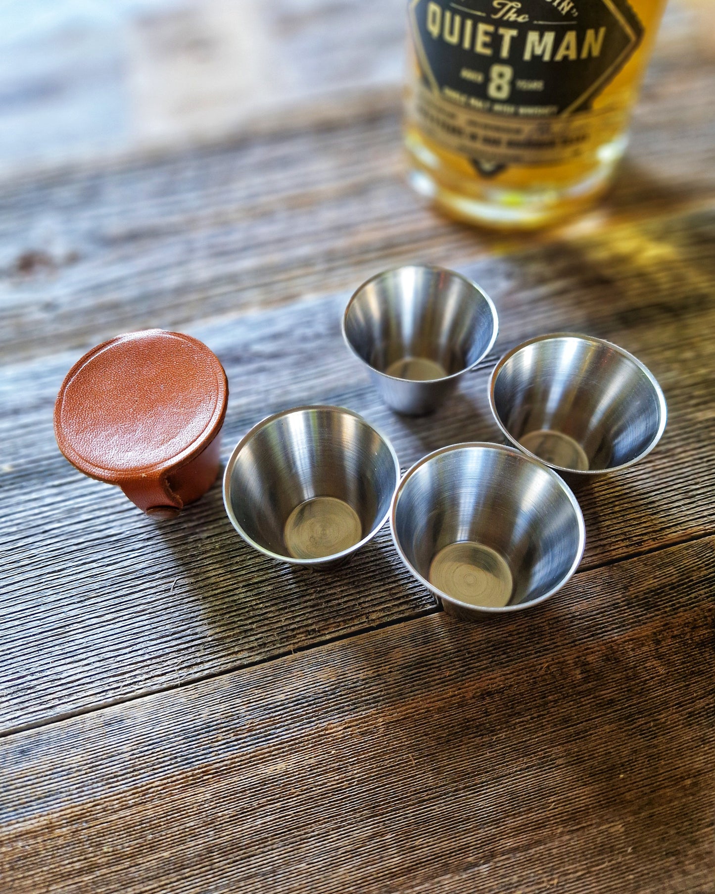 Sleek Mid-Century Set of 4 Stainless Steel Stirrup Cups in Leather Case