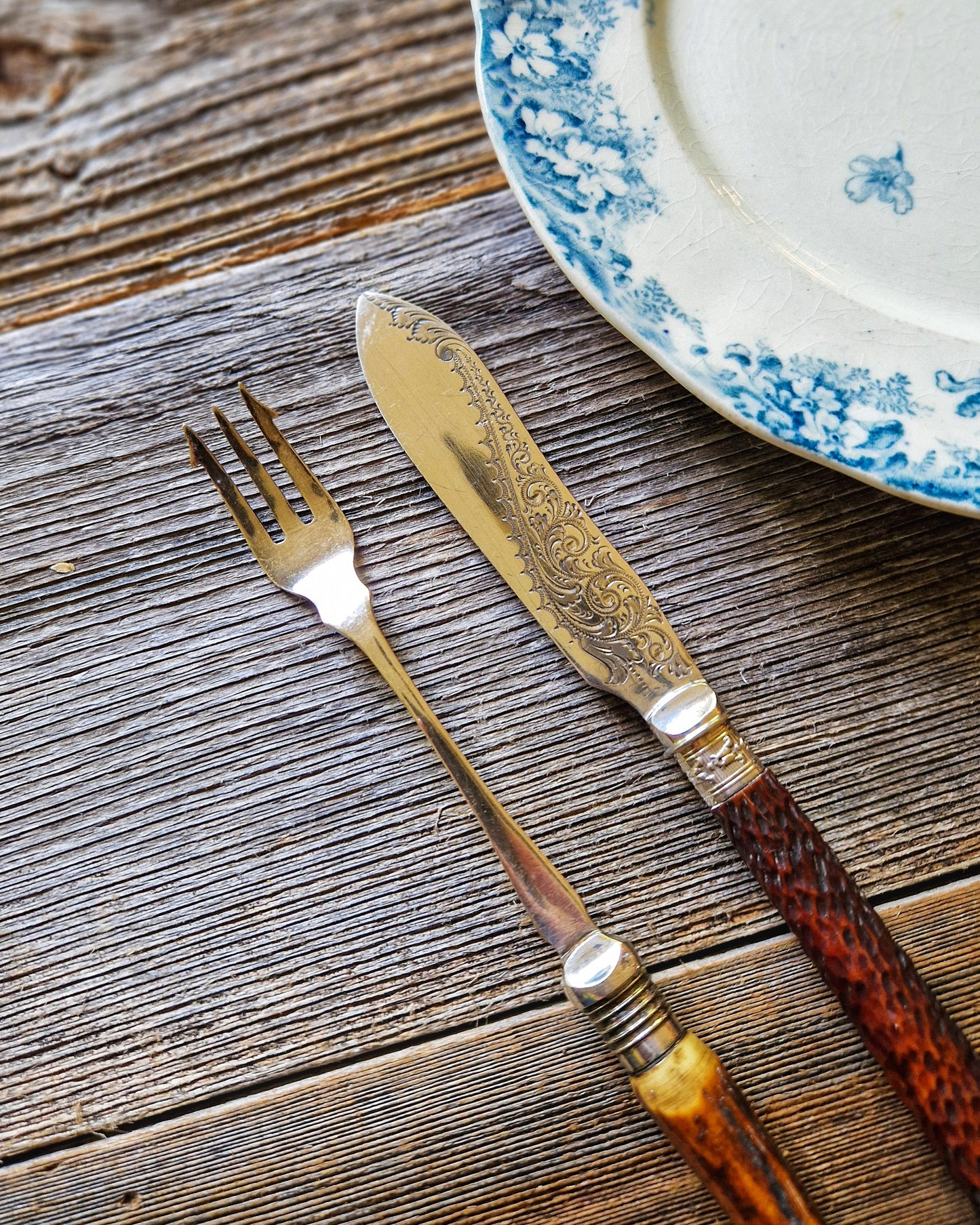 Early 1900s English Pickle Fork & Pâté Knife | Horn-Handled Charcuterie Set