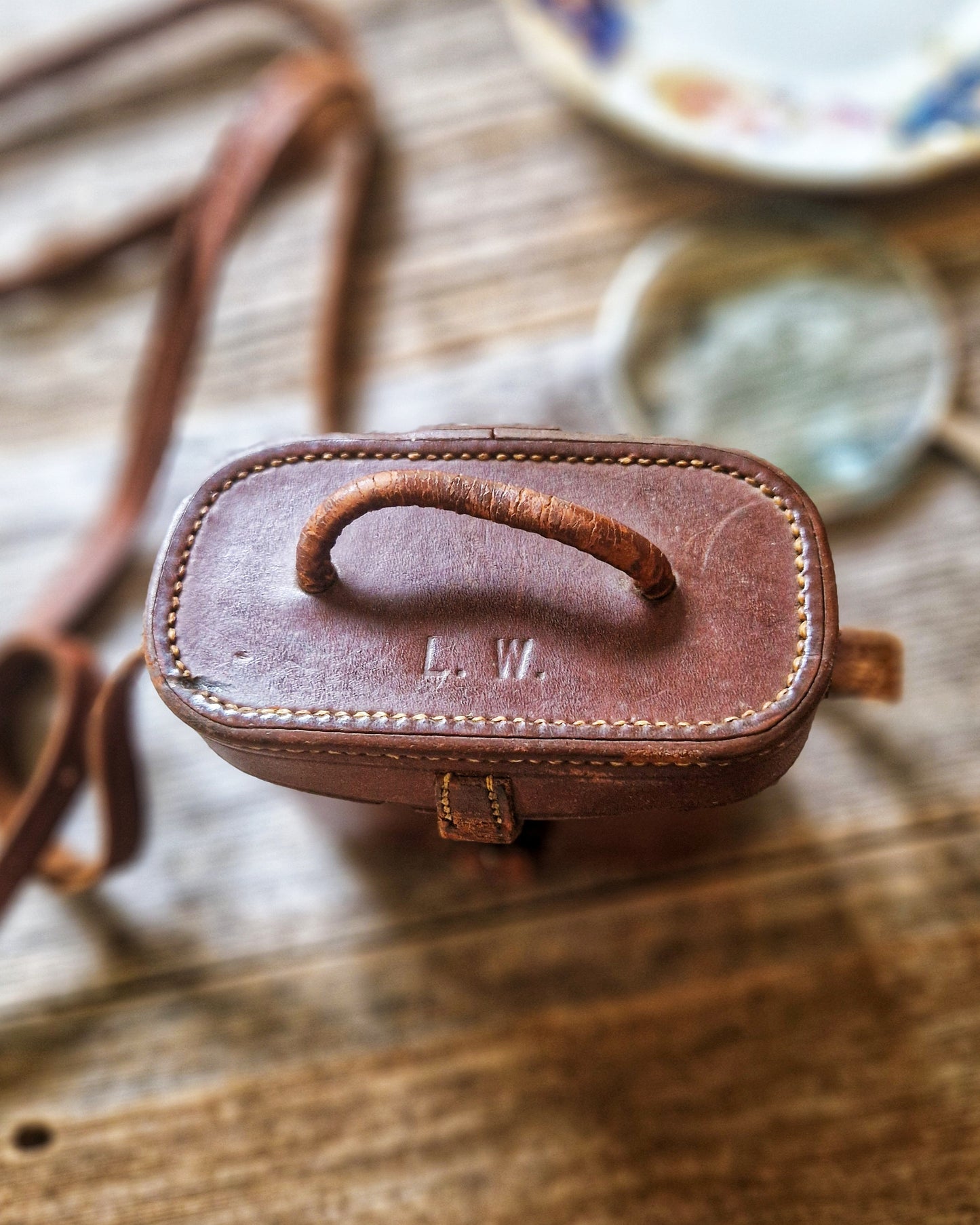 1920s Zeiss Jena Teleater 3x Binoculars in Monogrammed Leather Case by C.W. Dixey, London