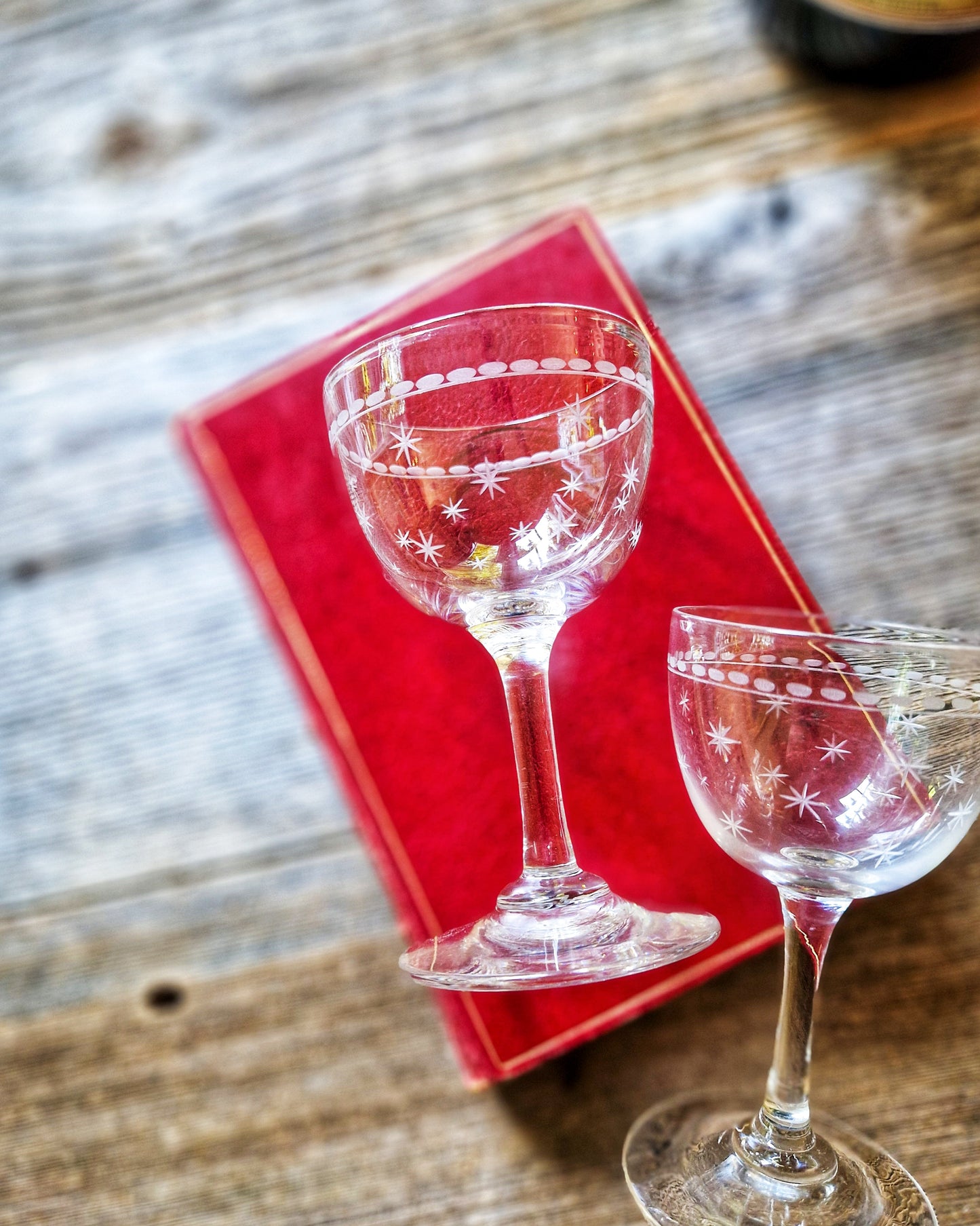 Pair of English Hand-Blown Port Glasses from Mid-1800s | Starburst Design, Victorian Antique Barware