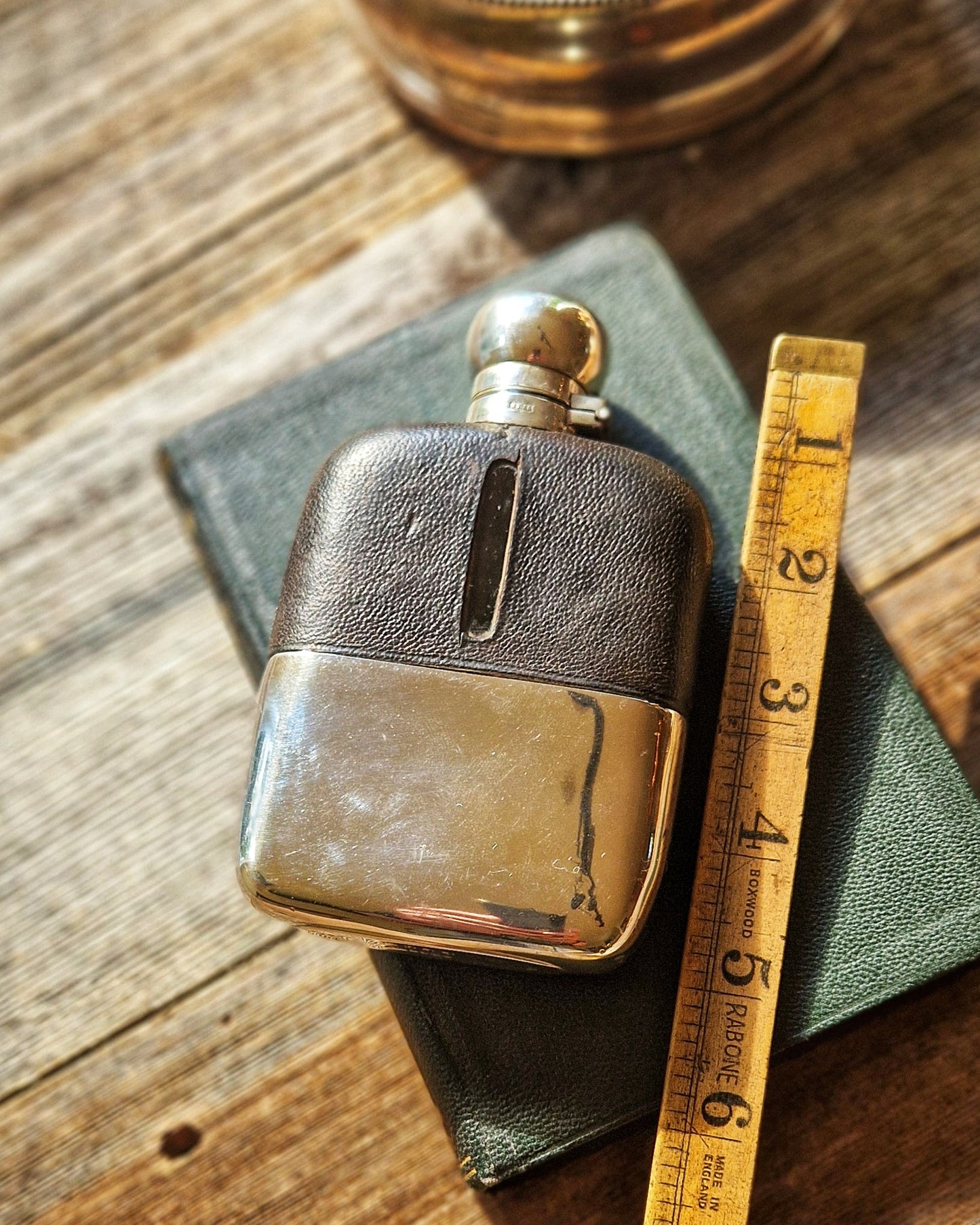 1930s James Dixon Hip Flask | 5 Inch Silver Plate & Leather Pocket Flask with Bayonet Cap & Removable Cup, Model 583A