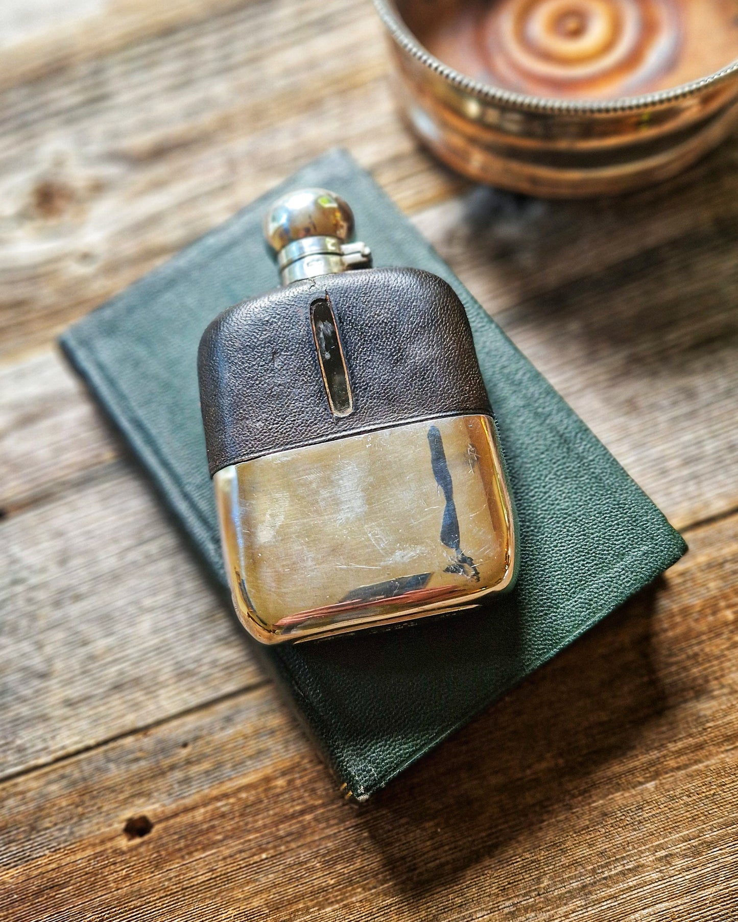 1930s James Dixon Hip Flask | 5 Inch Silver Plate & Leather Pocket Flask with Bayonet Cap & Removable Cup, Model 583A