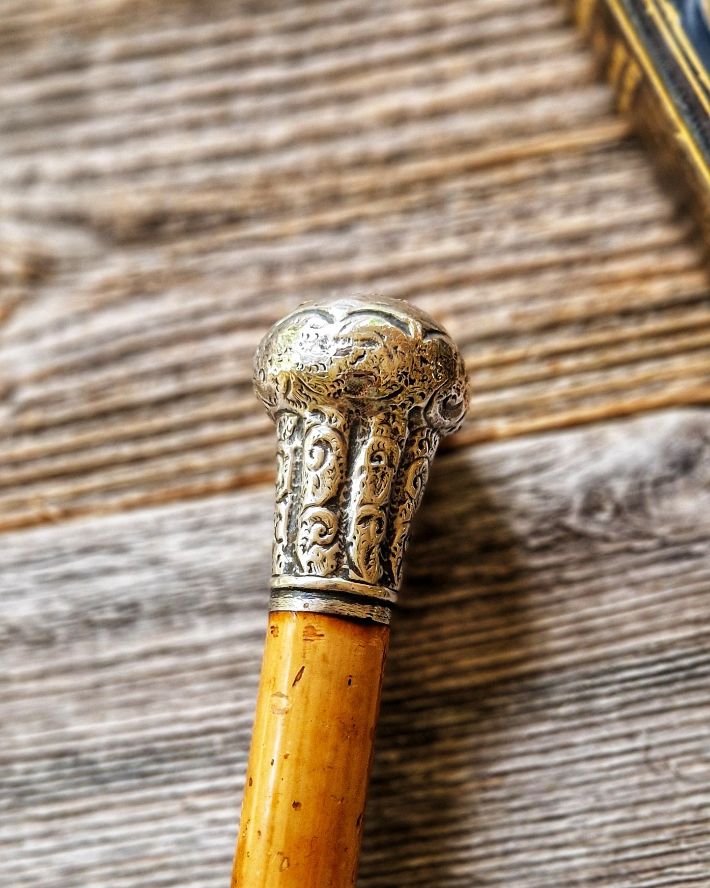 Edwardian Walking Cane with Silver-Plated Pommel Top and Malacca Shaft | Early 1900s Antique English Walking Stick