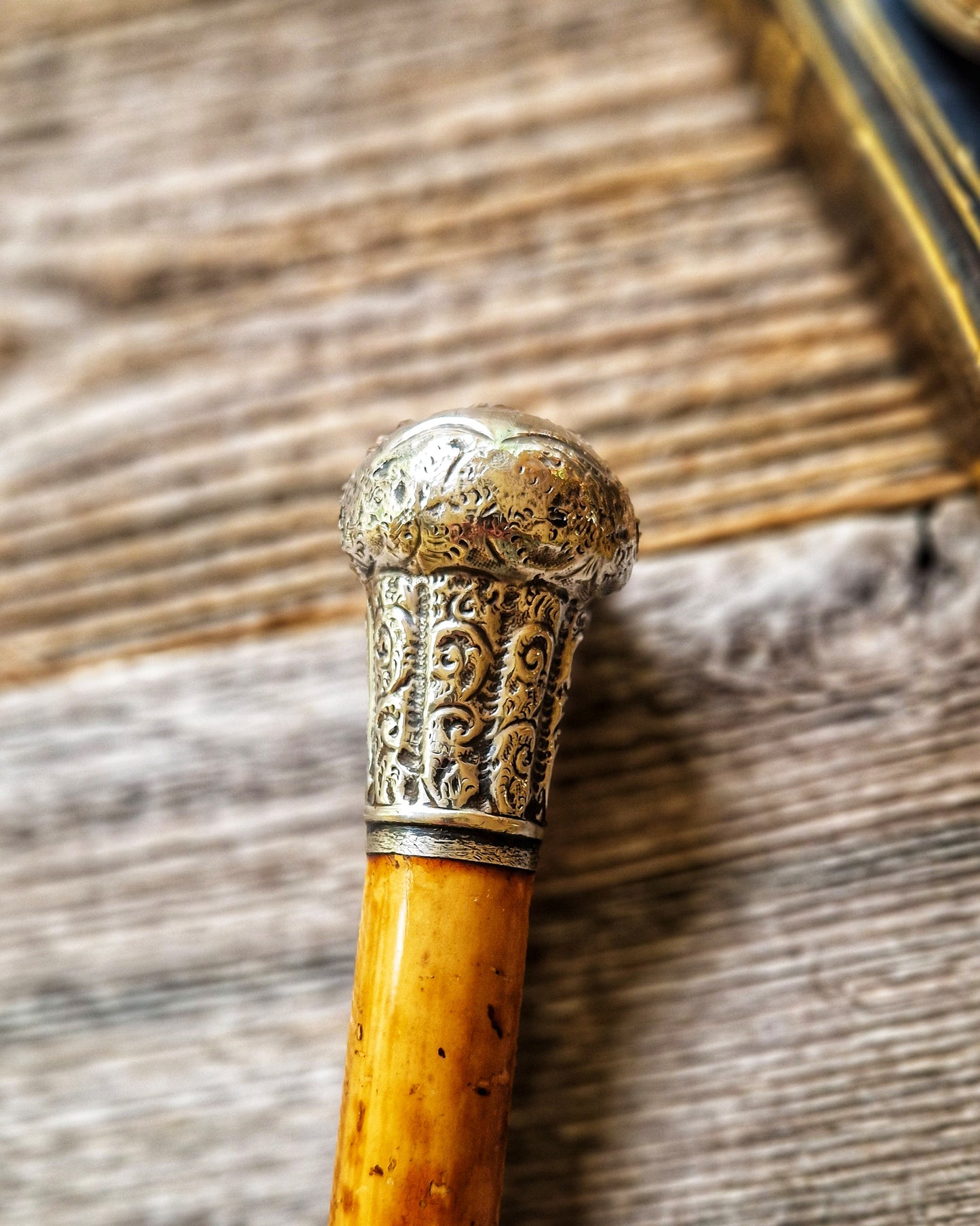 Edwardian Walking Cane with Silver-Plated Pommel Top and Malacca Shaft | Early 1900s Antique English Walking Stick