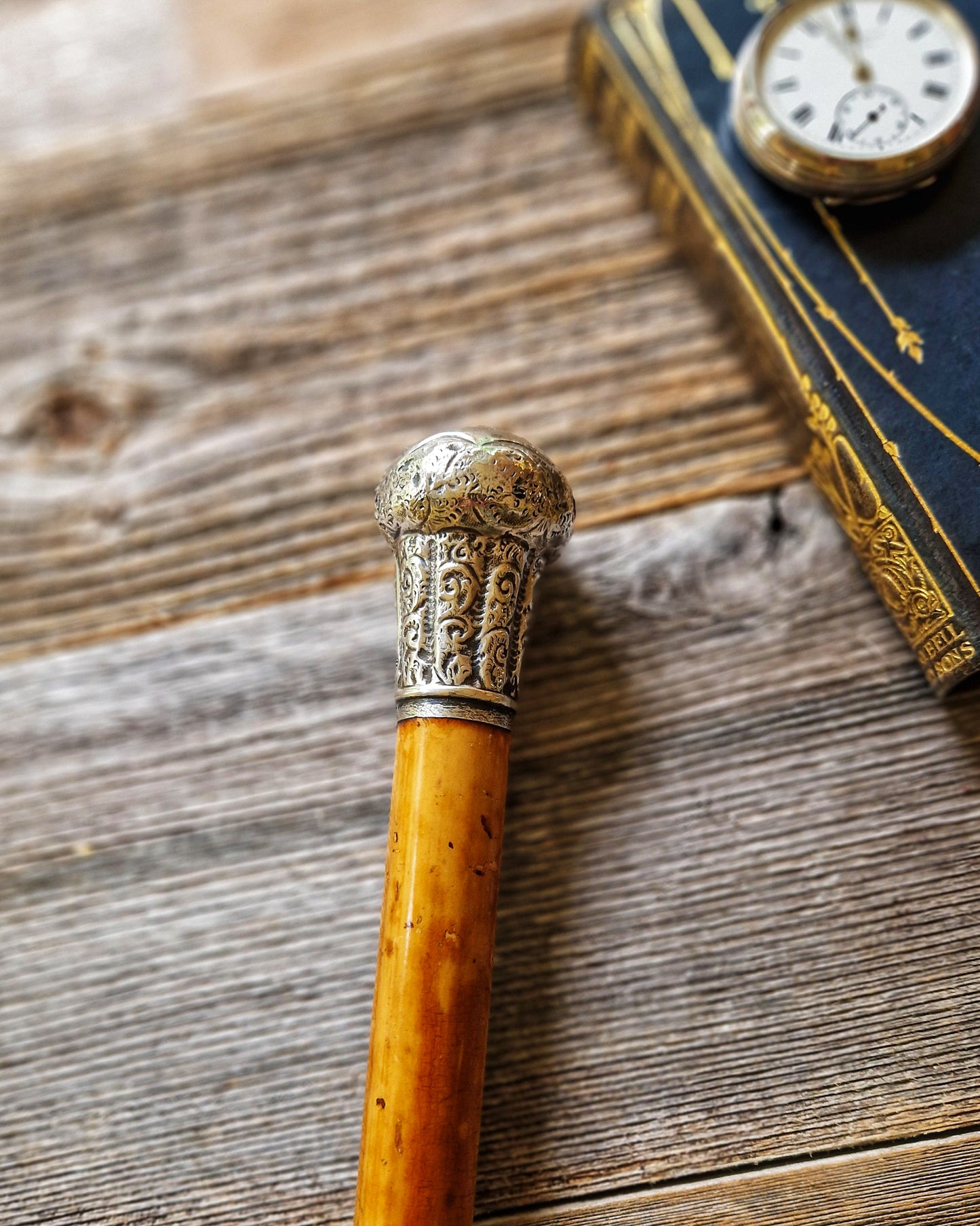 Edwardian Walking Cane with Silver-Plated Pommel Top and Malacca Shaft | Early 1900s Antique English Walking Stick