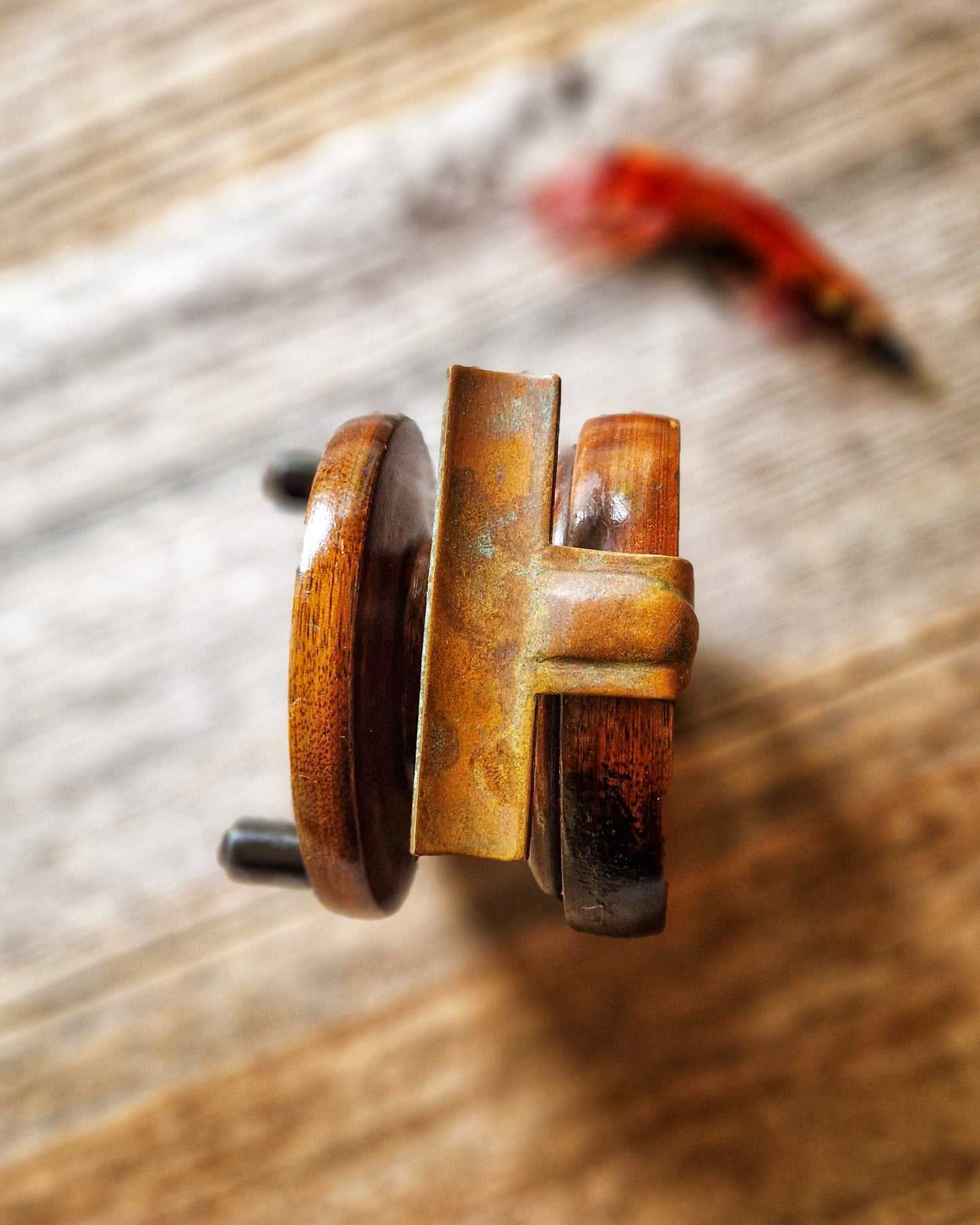 Early 1900s Nottingham Fishing Reel | 3-Inch Wood & Brass Antique Reel with Ebonite Handles