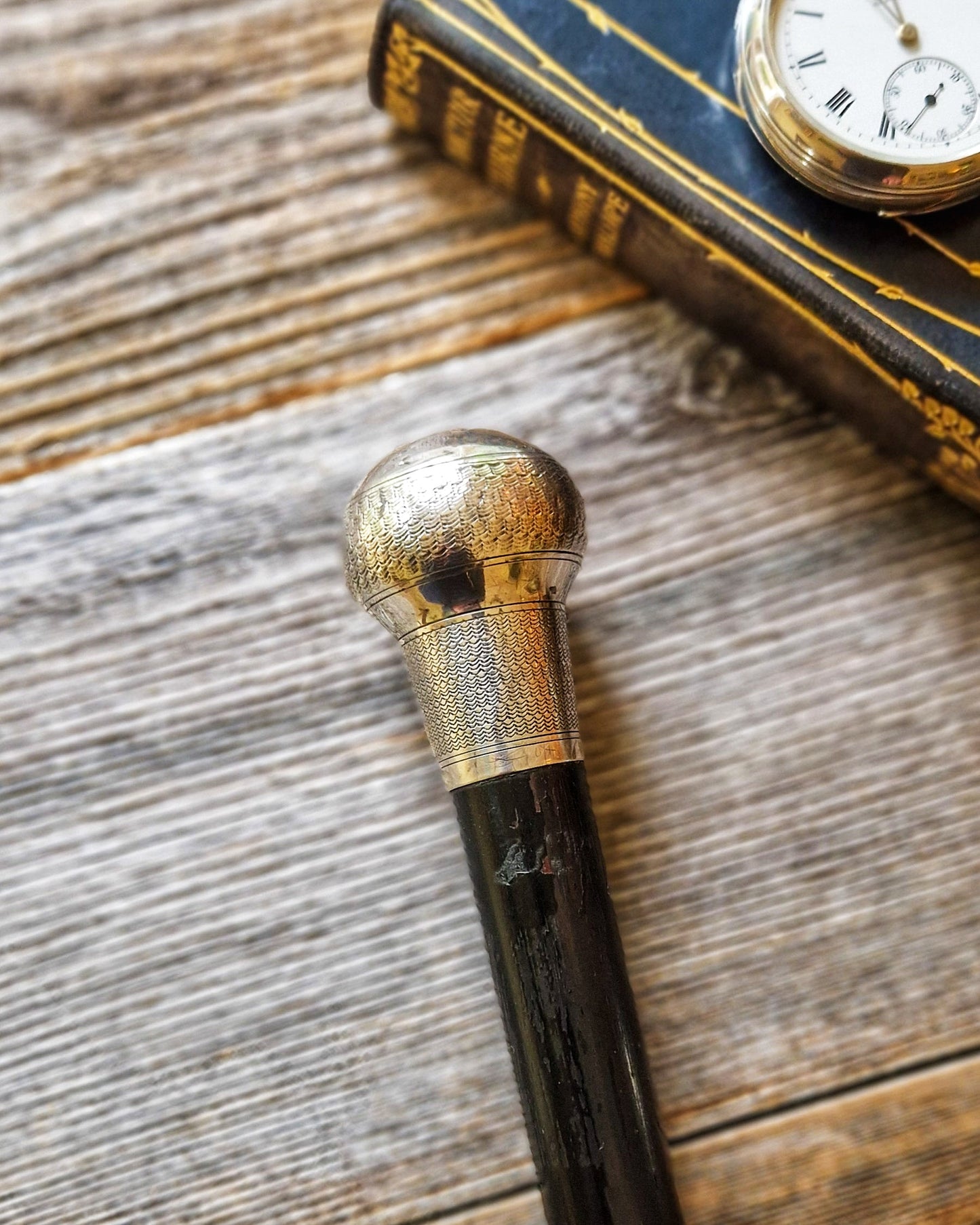 Antique Walking Cane with Sterling Silver Pommel Top and Ebonized Hardwood Shaft | London 1927–28