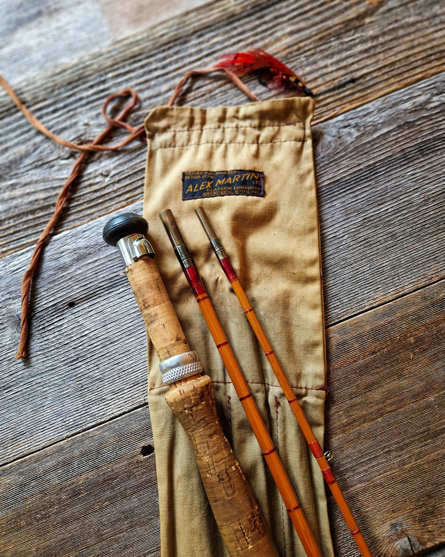 1940s Scottish Split Cane Fly Rod “The Popular” by Alex Martin | 3-Piece 9’10” Vintage Fishing Rod with Original Cloth Case