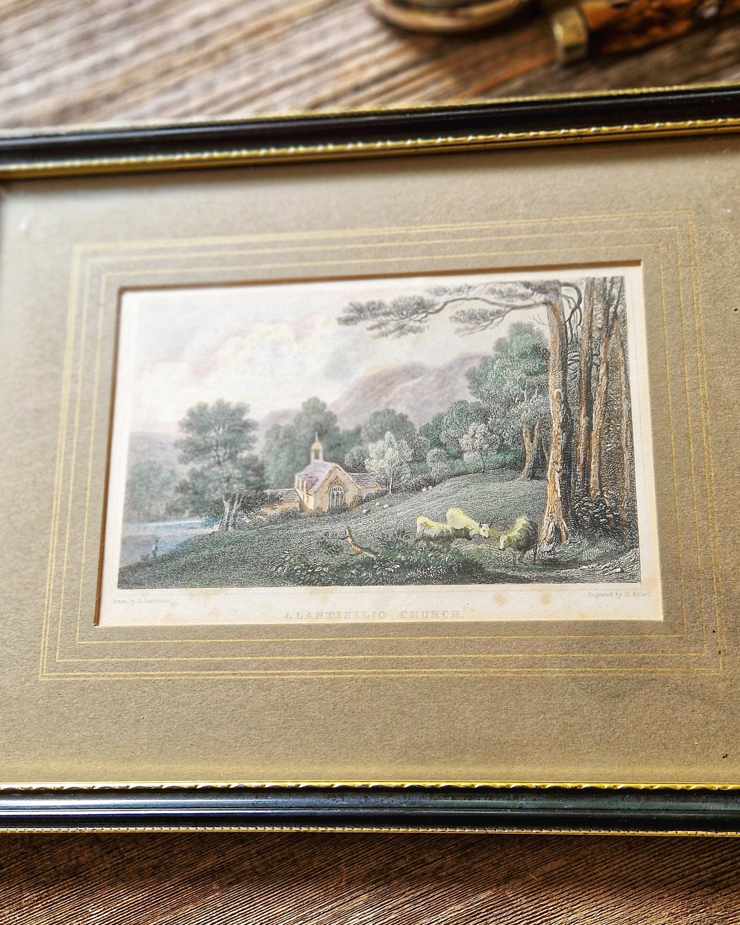 1830 Framed Hand-Colored Engraving “Llantisilio Church” by Henry Gastineau | 8-1/4 x 10-1/2 Antique Welsh Print