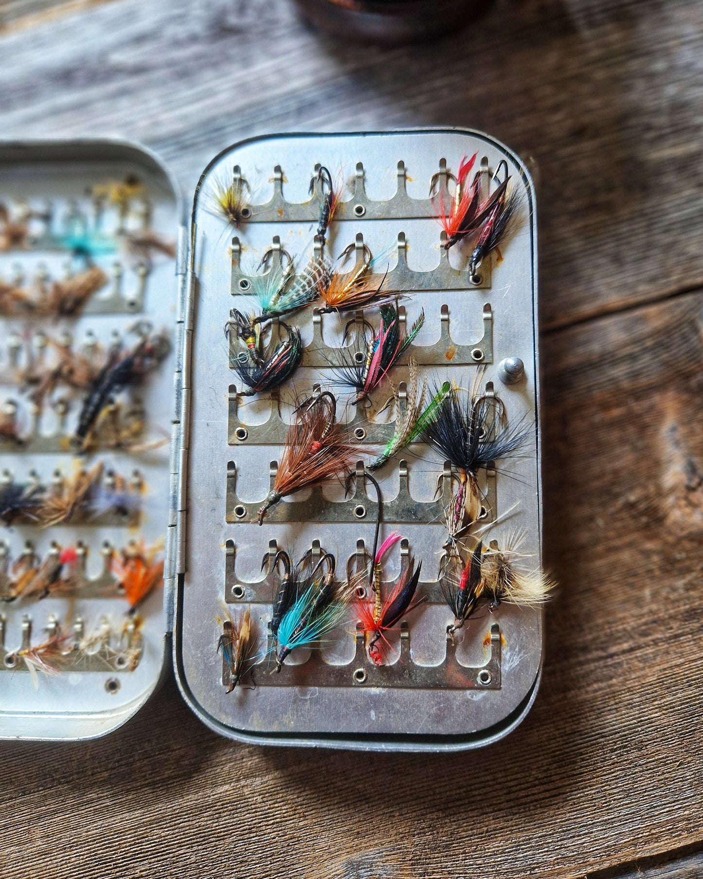 Large Wheatley Fly Box with 70+ Trout & Salmon Flies | Vintage Mid-Century Silmalloy Clip Case