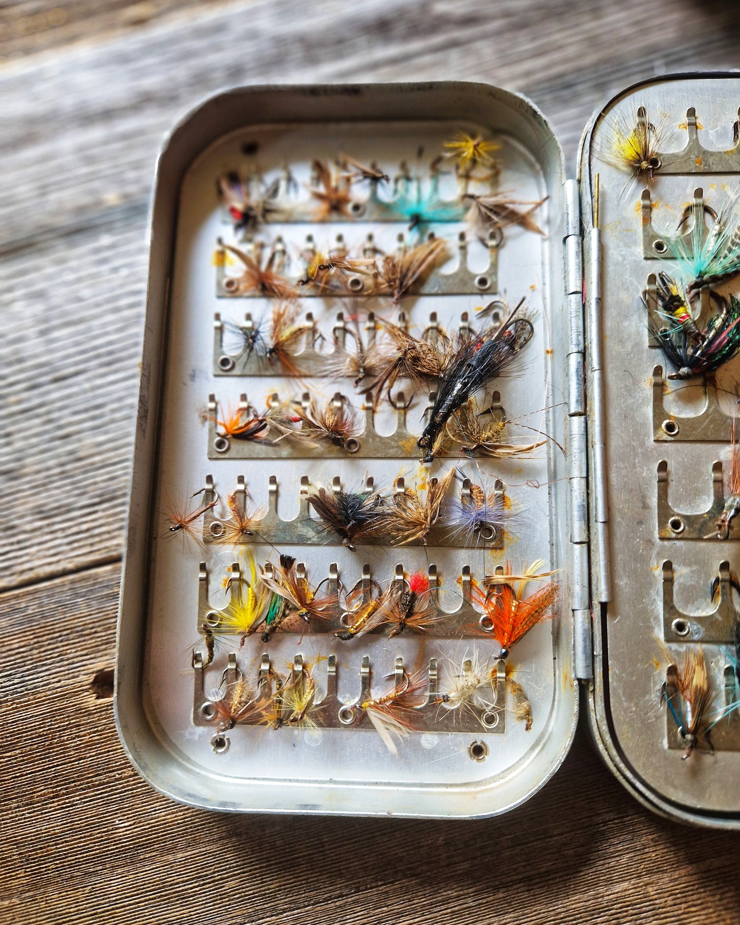 Large Wheatley Fly Box with 70+ Trout & Salmon Flies | Vintage Mid-Century Silmalloy Clip Case