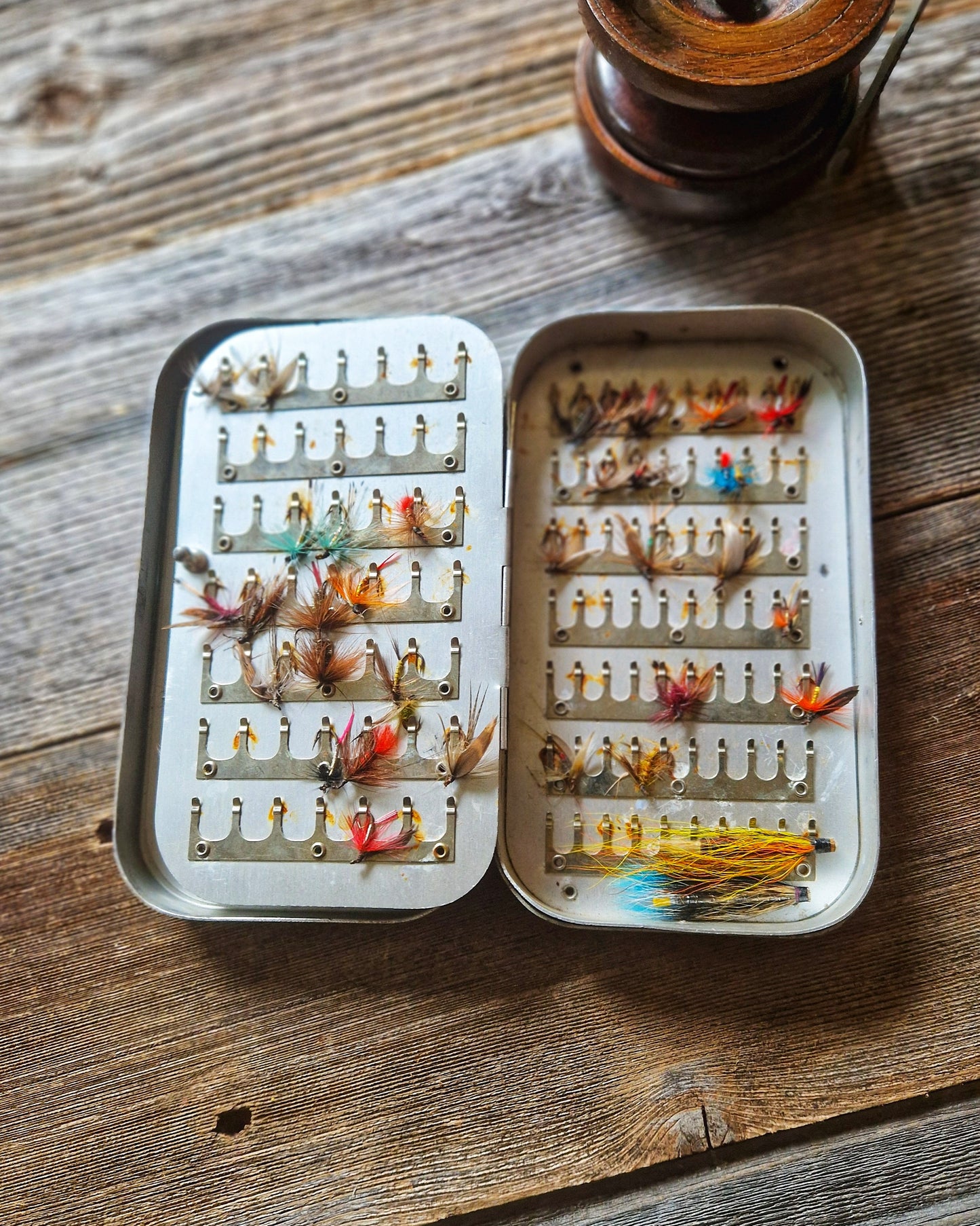 Large Wheatley Fly Box with 70+ Trout & Salmon Flies | Vintage Mid-Century Silmalloy Clip Case