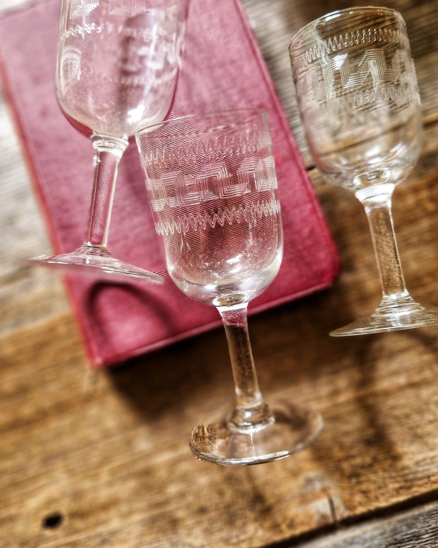 Trio of Edwardian Port Glasses c.1900–1915 | Greek Key Etched Design, English Antique Barware