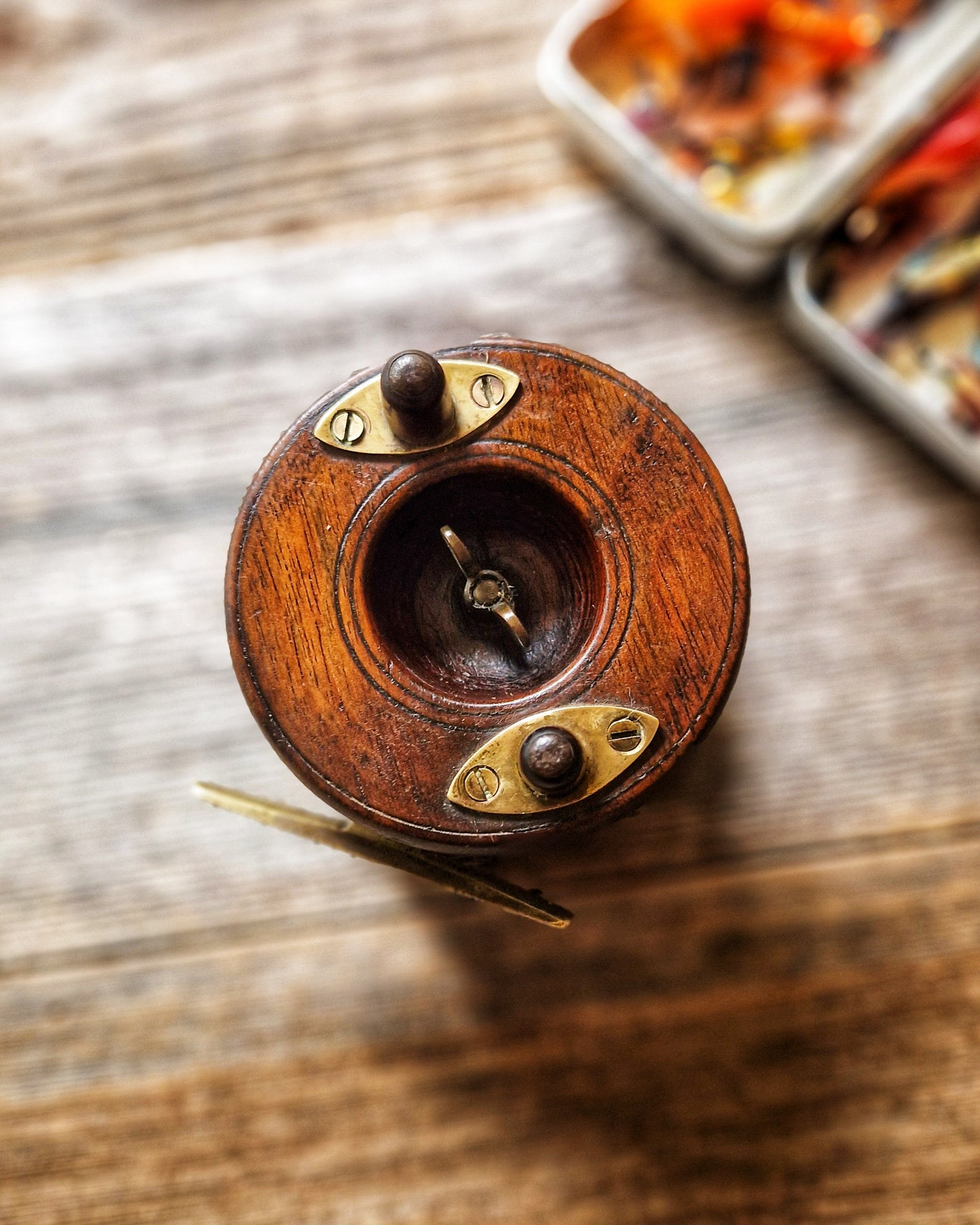 Allcock 3-Inch Wood & Brass Fishing Reel | Antique English Tackle, Early 1900s Fishing Collectible