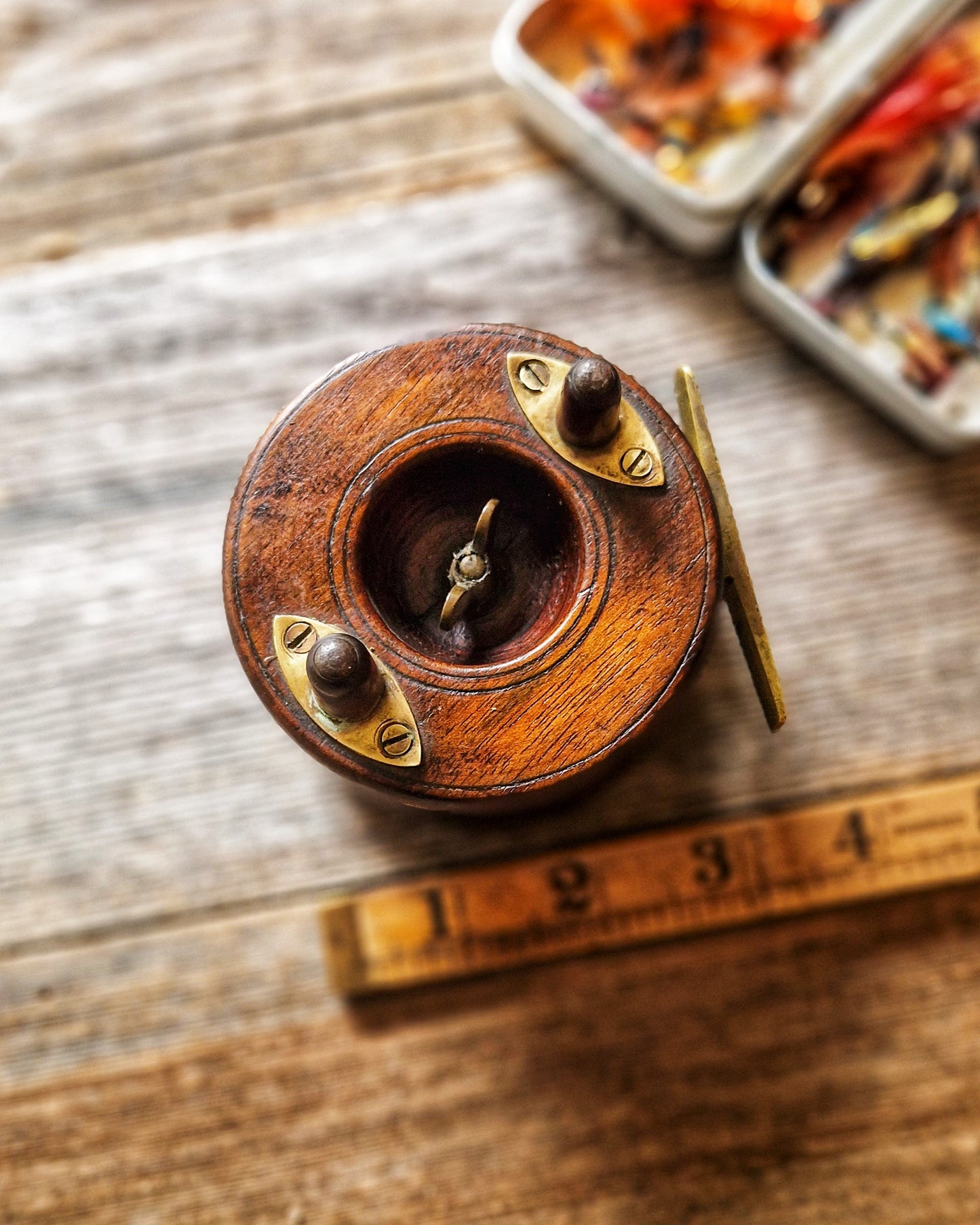 Allcock 3-Inch Wood & Brass Fishing Reel | Antique English Tackle, Early 1900s Fishing Collectible