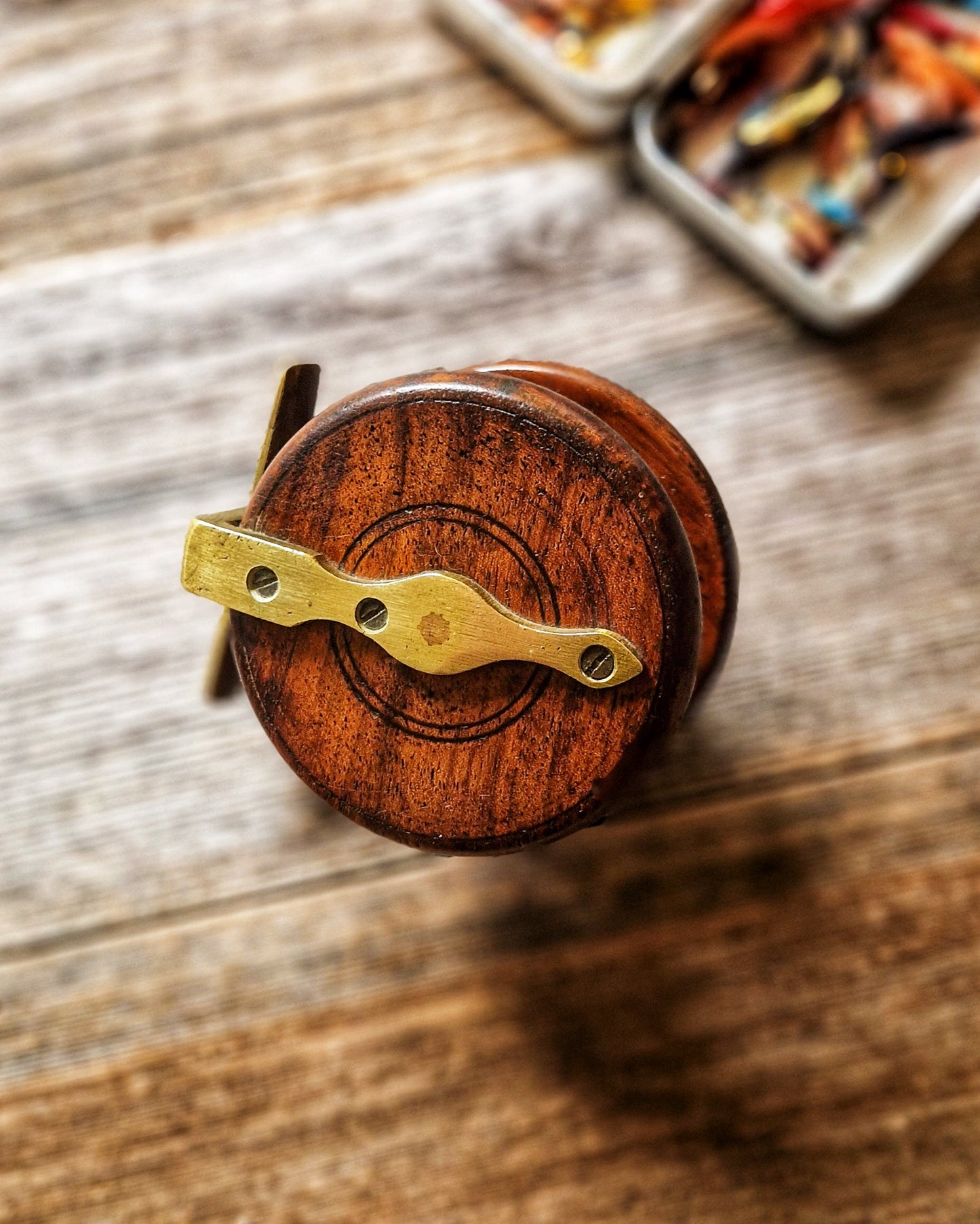 Allcock 3-Inch Wood & Brass Fishing Reel | Antique English Tackle, Early 1900s Fishing Collectible