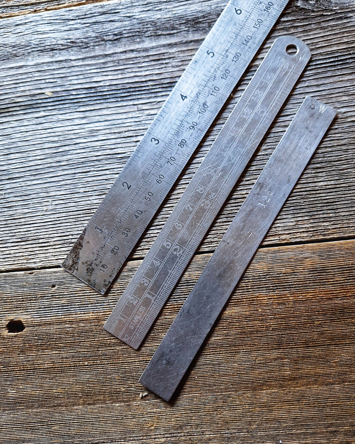 Set of 3 Mid-Century Steel Rules incl. 1945 ABC Military Issue | Vintage British & American Measuring Tools