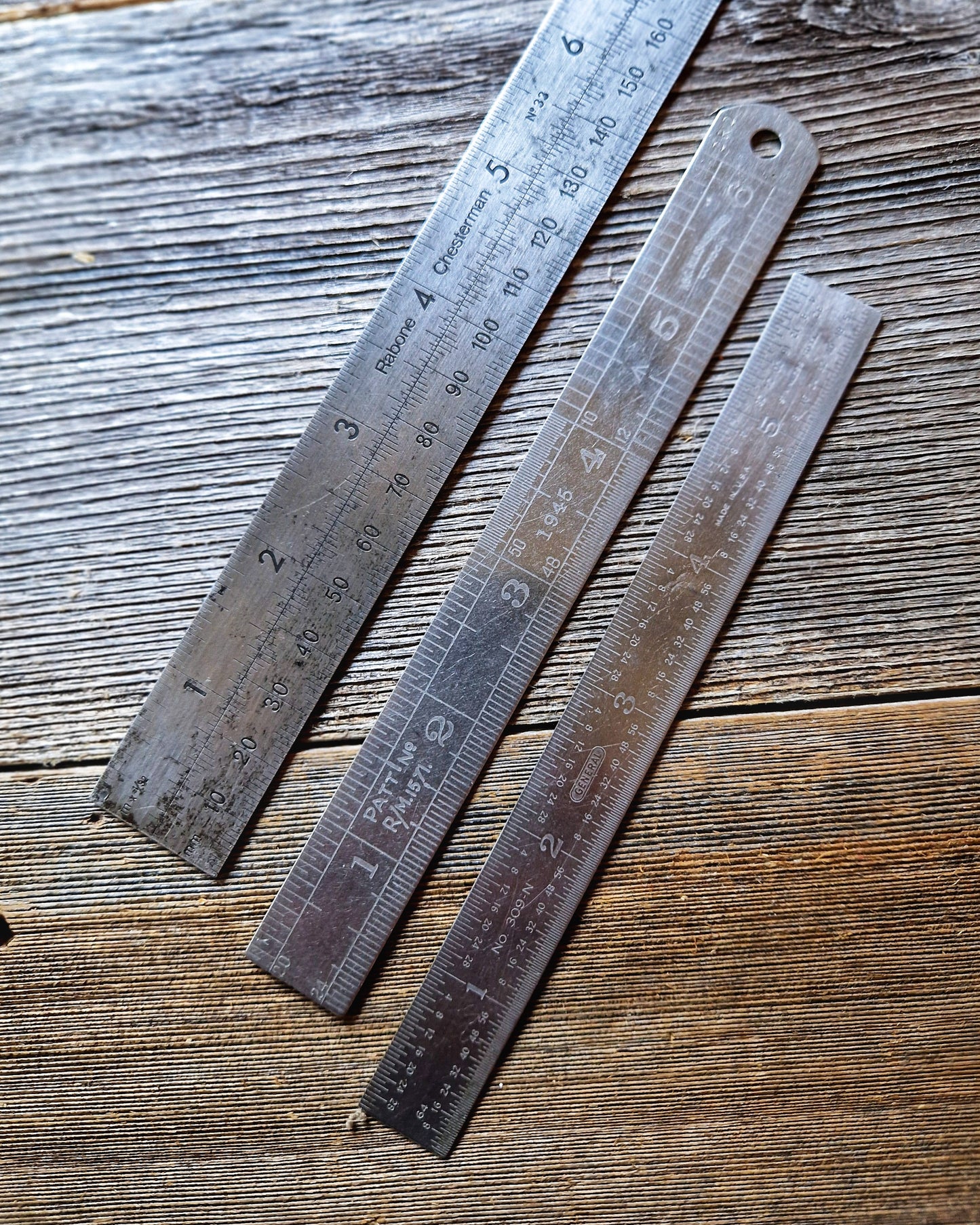 Set of 3 Mid-Century Steel Rules incl. 1945 ABC Military Issue | Vintage British & American Measuring Tools