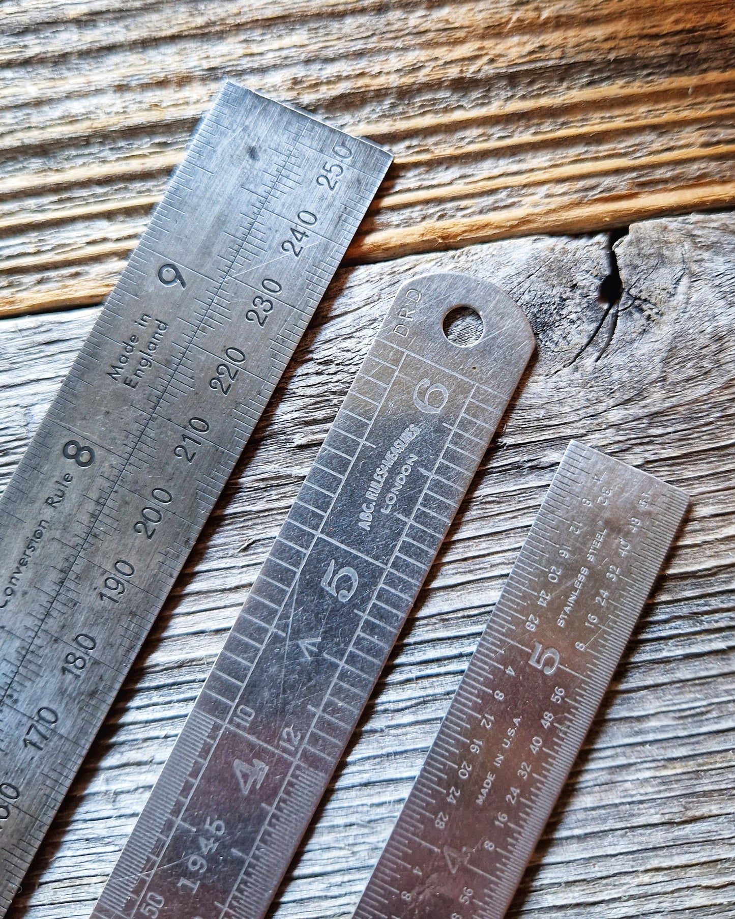 Set of 3 Mid-Century Steel Rules incl. 1945 ABC Military Issue | Vintage British & American Measuring Tools