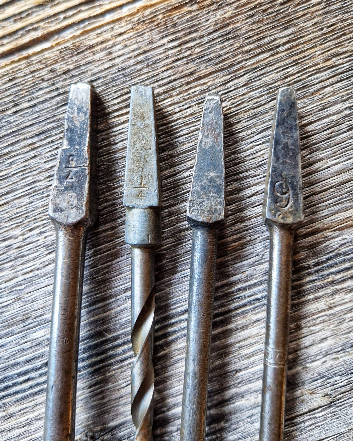 Antique English Bit Brace with 4 Period Drill Bits | Woodworking Tool by F. Thompson of Sheffield, c. 1890-1910
