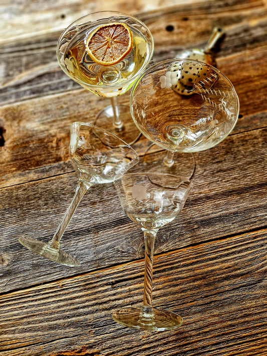 Set of 4 Exquisite Cut-Glass Optic Champagne Coupes