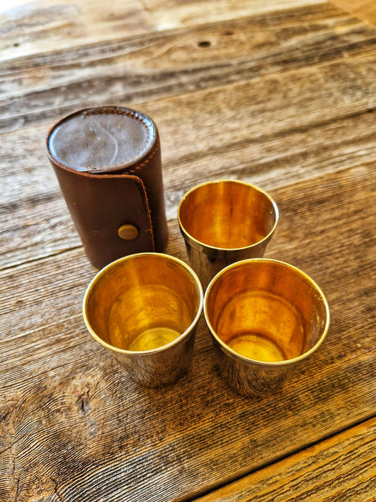 3 English Stirrup Cups in Brown Leather Case