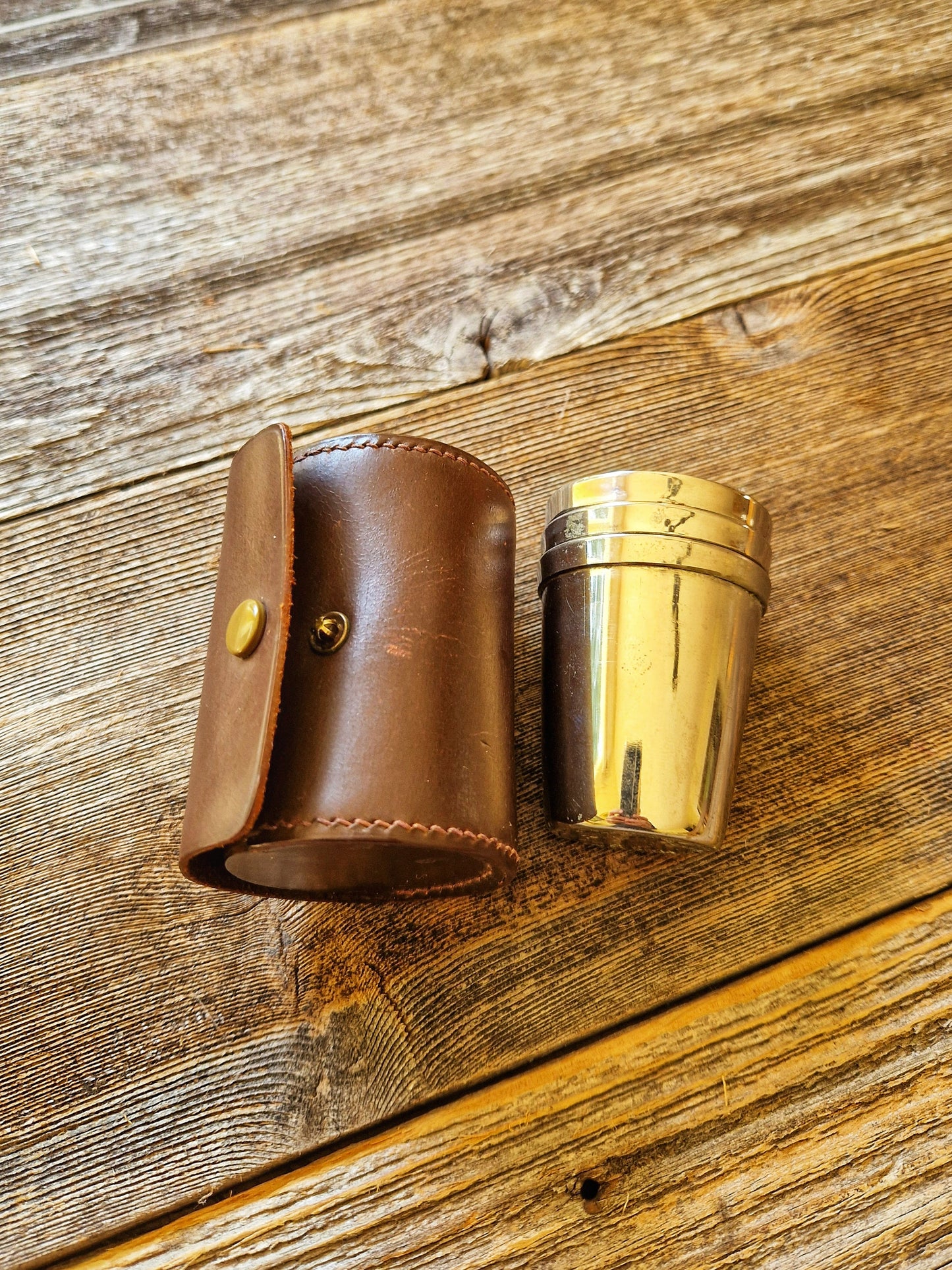 3 English Stirrup Cups in Brown Leather Case